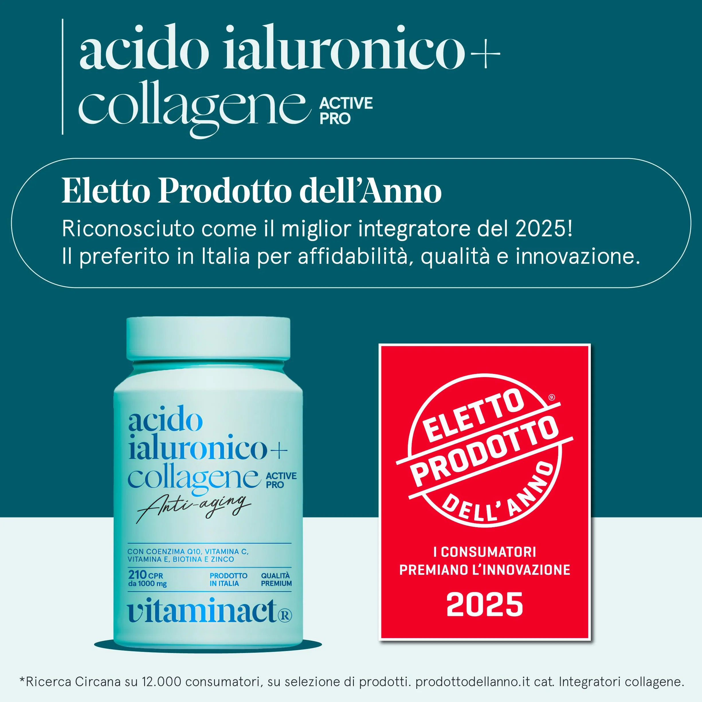 Collagene e Acido Ialuronico con Probiotico Bifidobacterium L. BLG1, Vit C e E, Q10, Zinco e Biotina