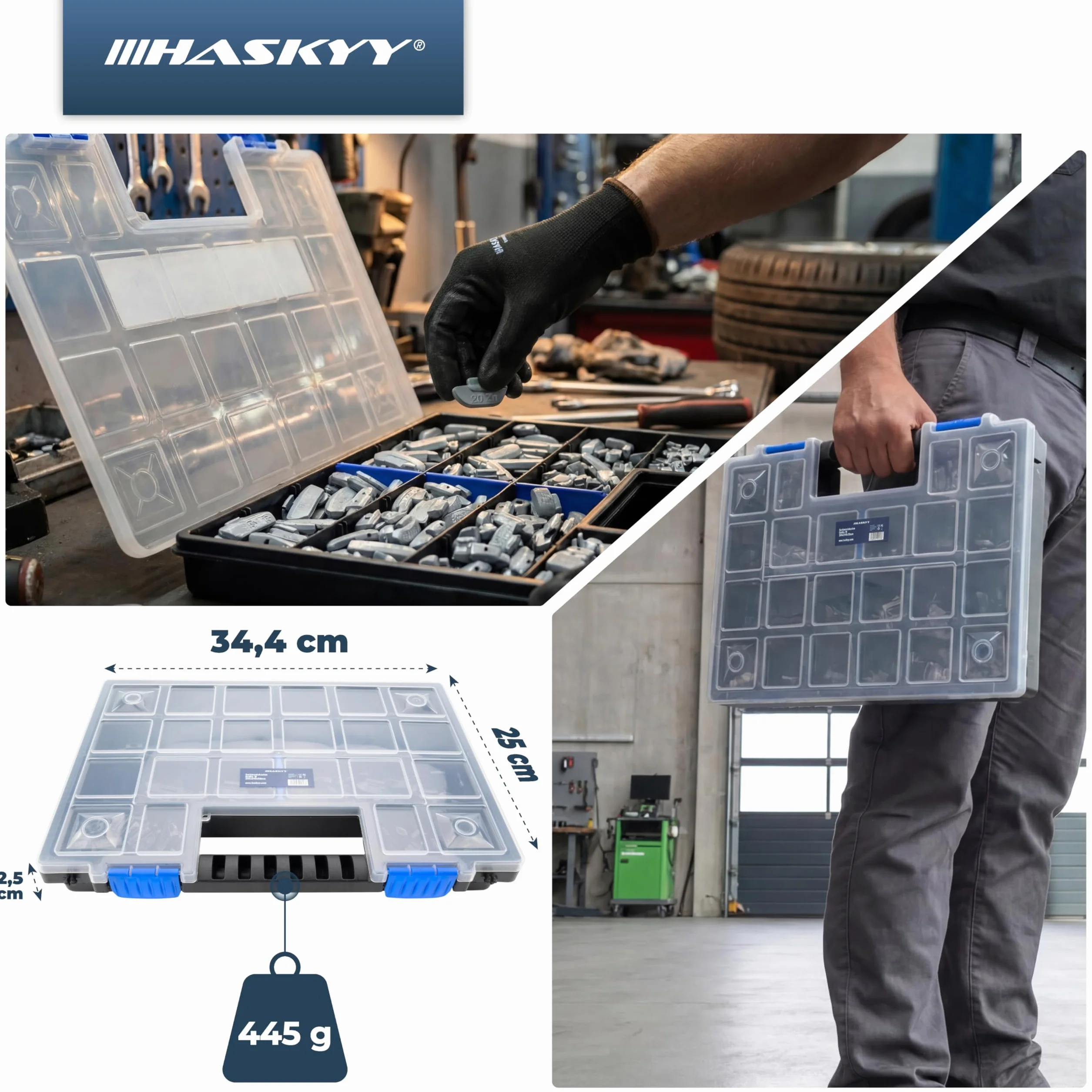 HASKYY 225 Contrappesi assortiti da 5 a 30g per equilibratura ruote in ferro auto compreso l'organizzatore/scatola di assortimento