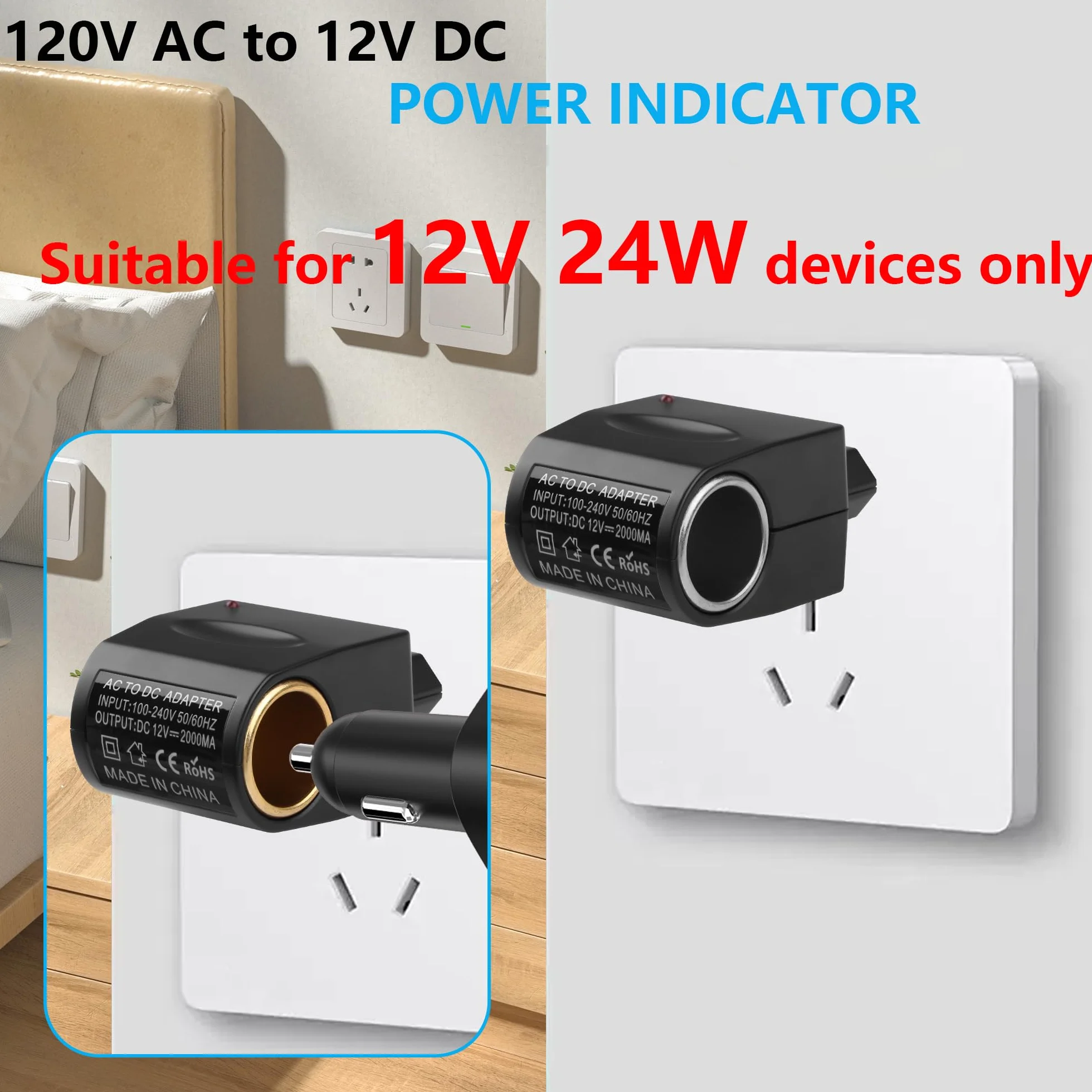 CERRXIAN Convertitore CA a CC, Adattatore da Spina Europea per Accendisigari da Auto 230 V a 12 V 2000 mA 24 W
