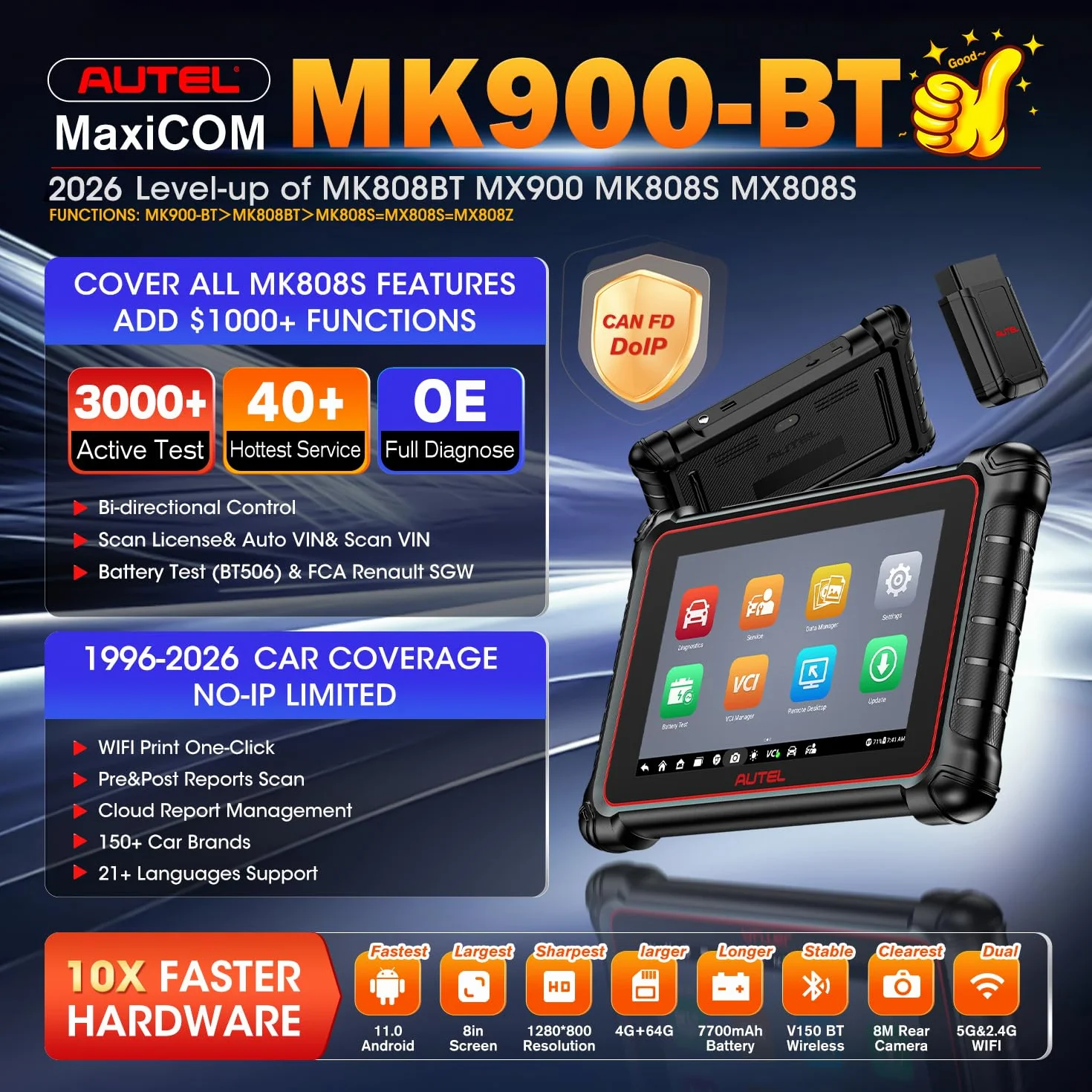 Autel MaxiCOM MK900BT OBD2 Diagnostica Auto Bidirezionale 2026 V2.0 Senza Fili DOIP CANFD OS 11