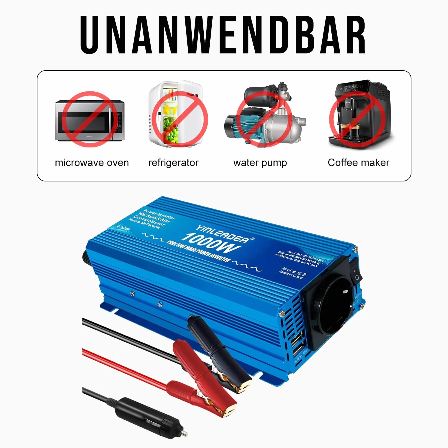 Yinleader 1000W 12V 230V Inverter a Onda Sinusoidale Pura per Camper
