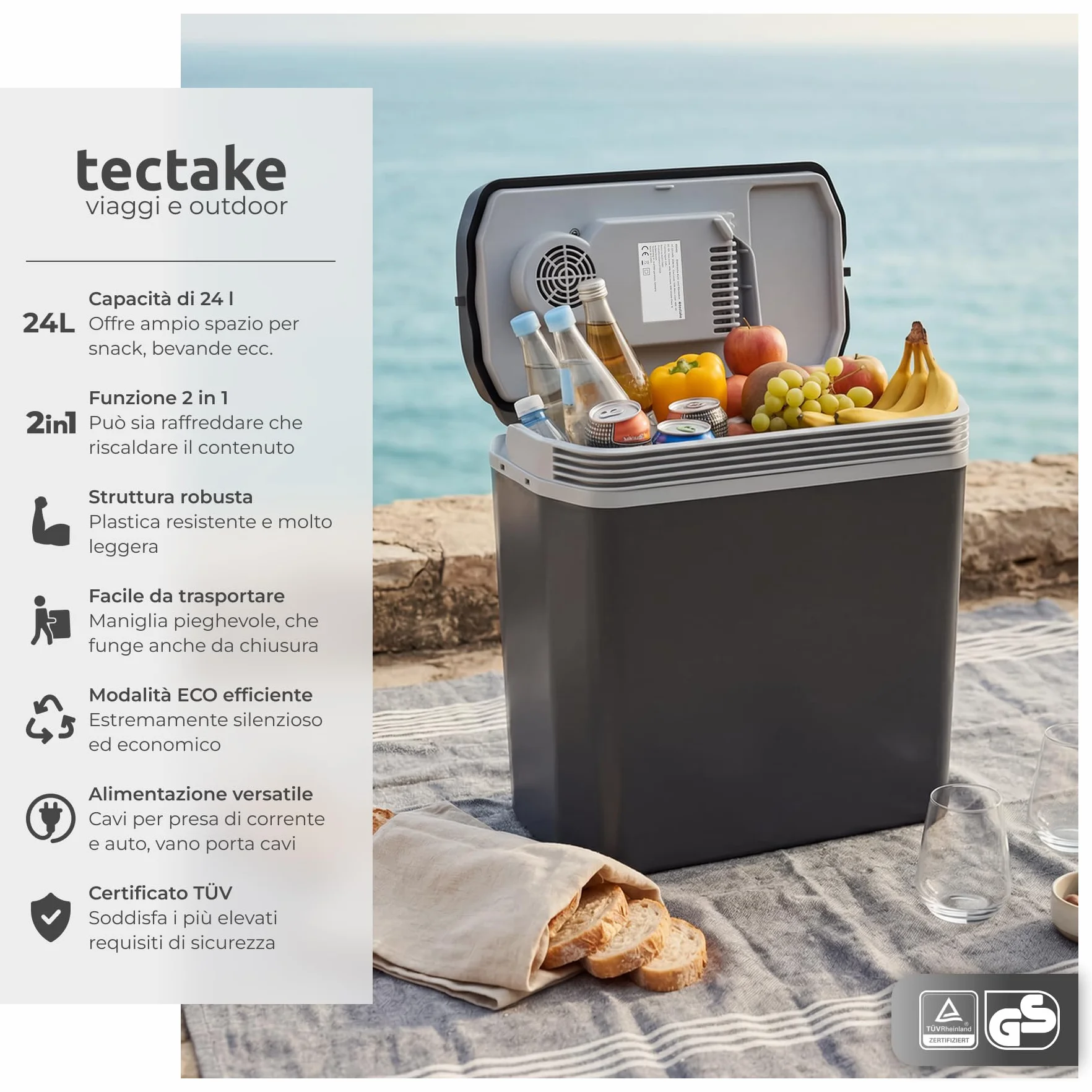 tectake® Frigorifero Portatile Elettrico 24 L, 40x23,5x42,5 cm, Frigorifero Piccolo 2in1 Funzione Freddo Caldo, mini frigo portatile 230 V e 12 V per Auto e Casa, modalità ECO, Borsa Frigo Camping