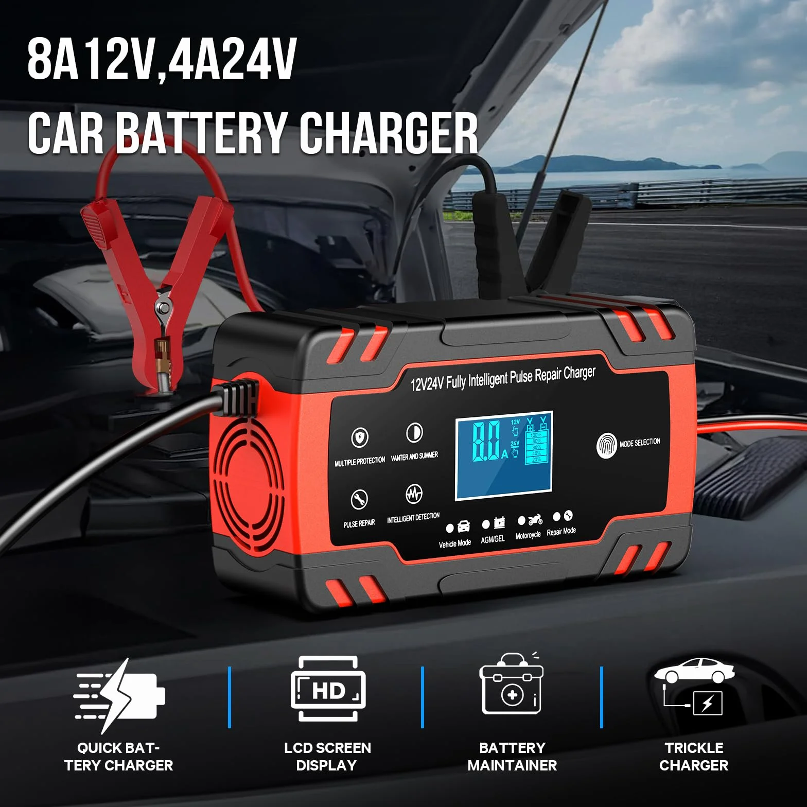 Caricabatteria da Auto 12V 24V 8A Mantenitore Intelligente Schermo LED Automatico per Moto Barche