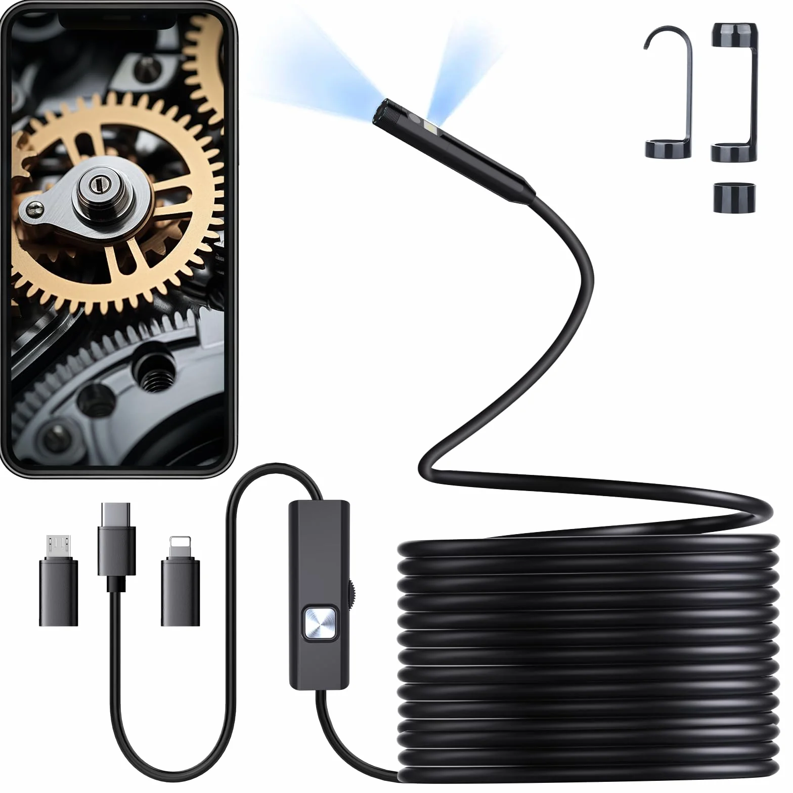 Endoscopio per Smartphone 1920P HD Sonda Doppia Telecamera Ispezione Tubi Impermeabile Cavo Semirigido 5m Gancio Adattatore Android iOS