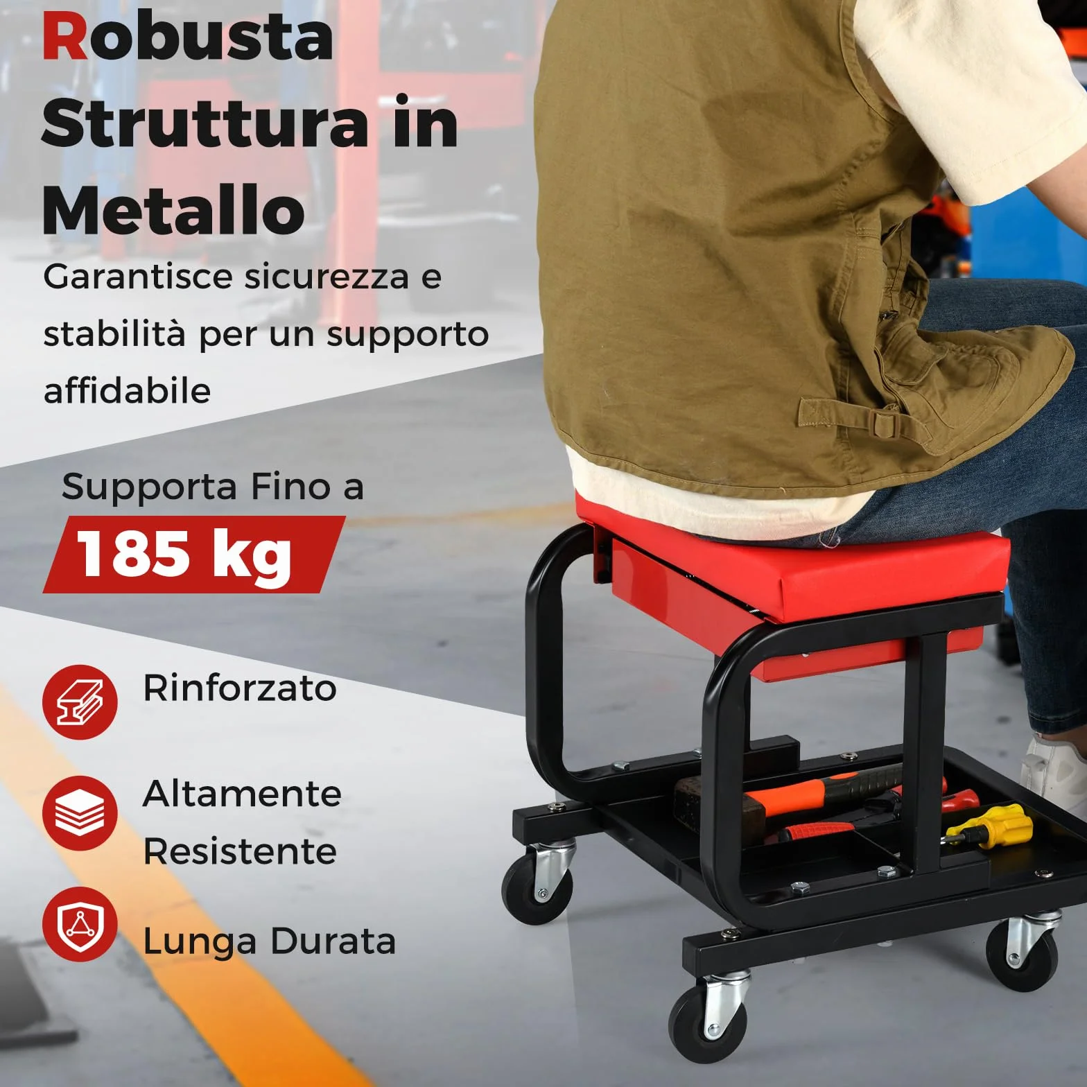 COSTWAY Sgabello da Officina con Ruote, Sedia Meccanico Imbottita, Cassetto e Vassoio, 185 kg, Rosso