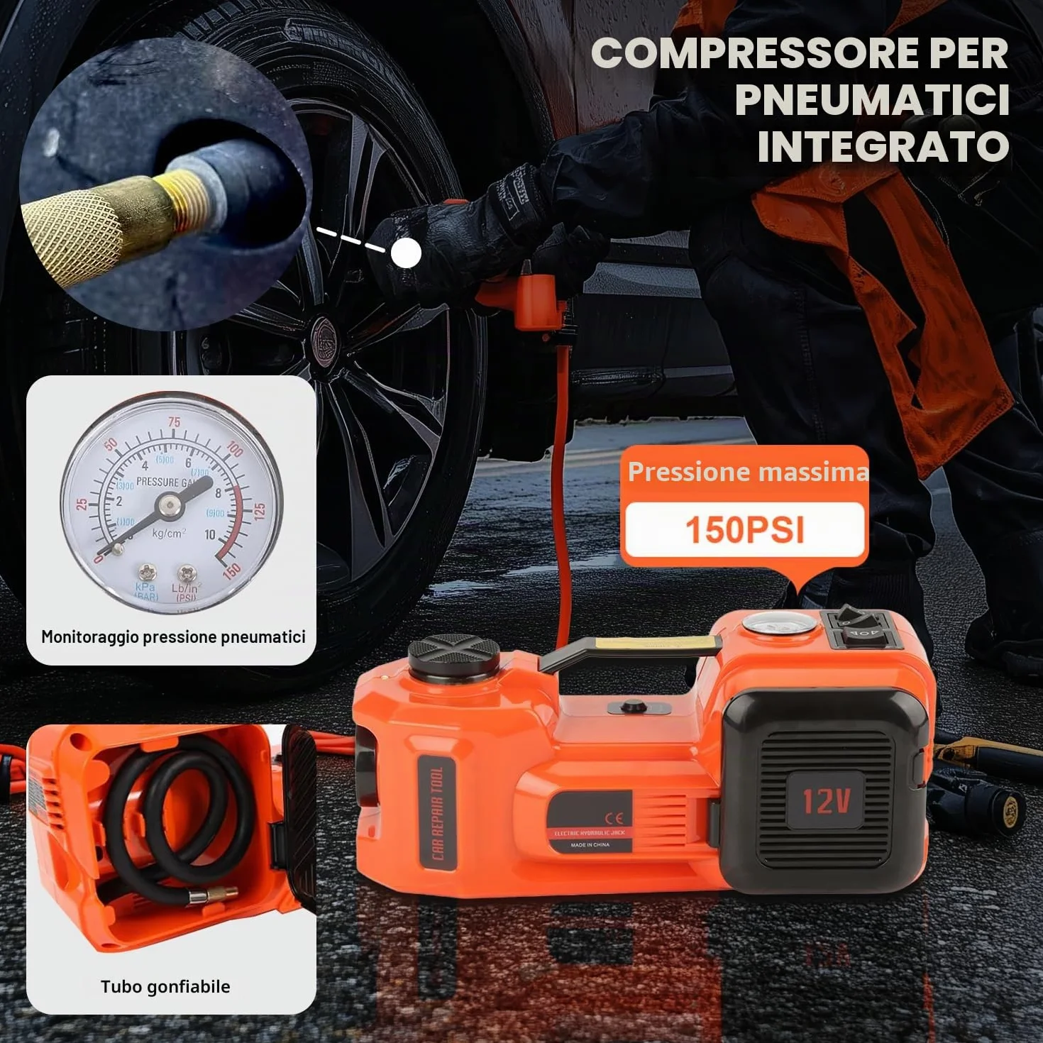 VOBOR Cric Elettrico 5T, 12V Sollevatore Auto Martinetto Idraulico con Pompa di Gonfiaggio e Fari A LED, 135-360 mm Car Electric Jack per Auto e SUV