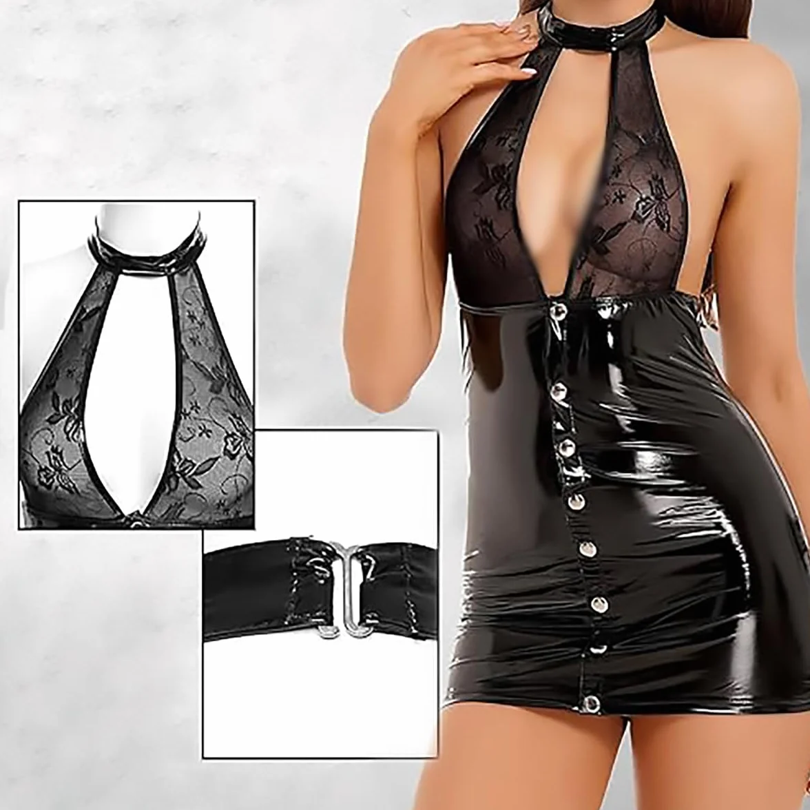 Abito da donna in pelle laccata con dettagli in pizzo e collari