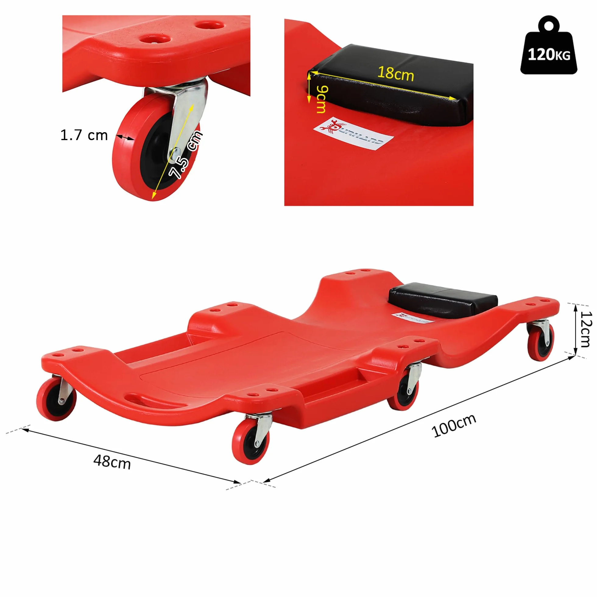 DURHAND Carrello sotto Auto Meccanico 6 Ruote 100x48x12 cm Rosso