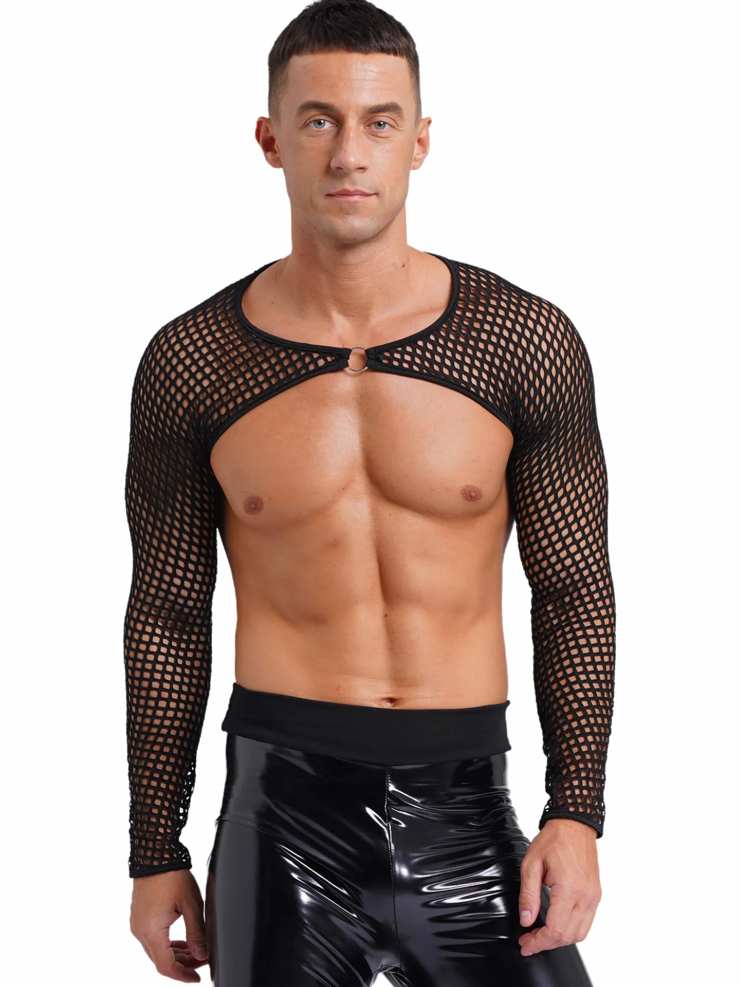 Męskie Lingerie Półprzezroczysta Siateczkowa Koszulka Crop Top Długa Rękaw