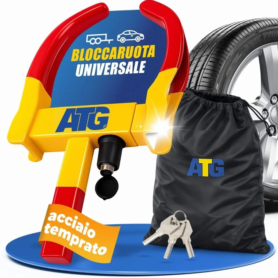 ATG Bloccaruota Auto e Rimorchio – Antifurto Meccanico Universale Ganascia Bloccaruota per Auto, Camper, Caravan, Moto – 18–28 cm