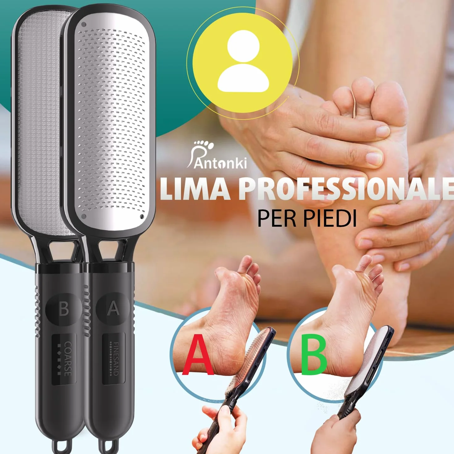 Antonki Raspa Piedi Professionale Calli Remover Pedicure Lima per Piedi e Talloni Pietra Pomice Acciaio Inox