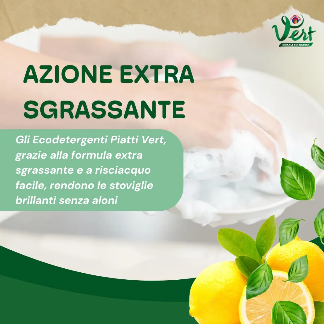 Ecodetergente Piatti Fragranza Limone Basilico 100% Origine Naturale Extra Sgrassante Ipoallergenico 8 x 1000ml