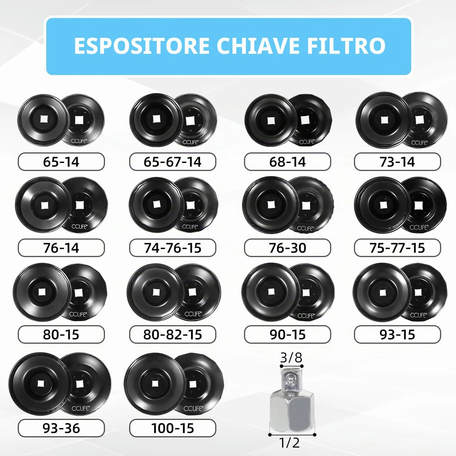 CCLIFE 15 pezzi filtro olio tazza universale 65-100mm Ferro chiavi per filtro olio set in valigetta
