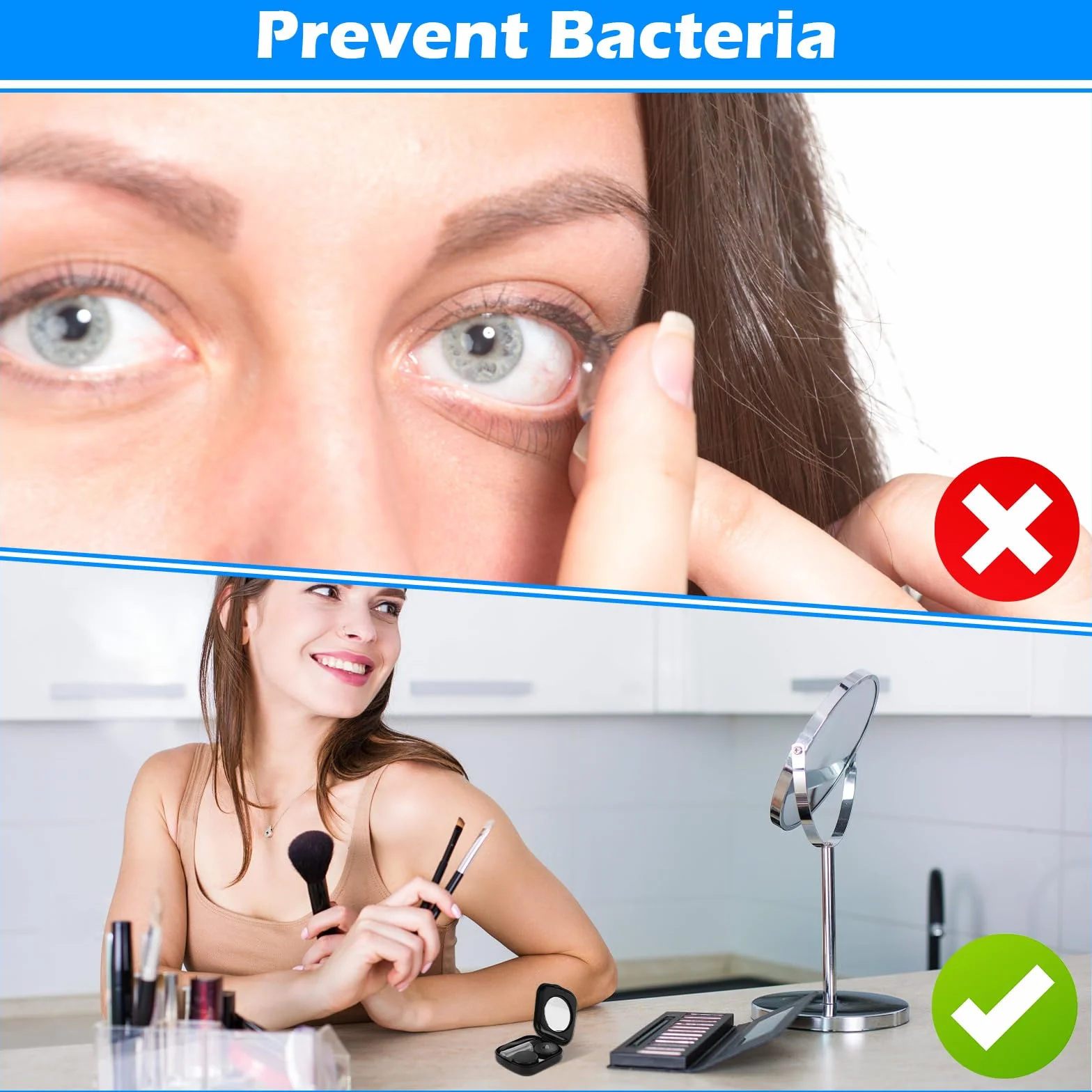Custodia per Lenti a Contatto con Specchio 2 Pezzi, Porta Lenti a Contatto da Viaggio Igienica Nero e Blu