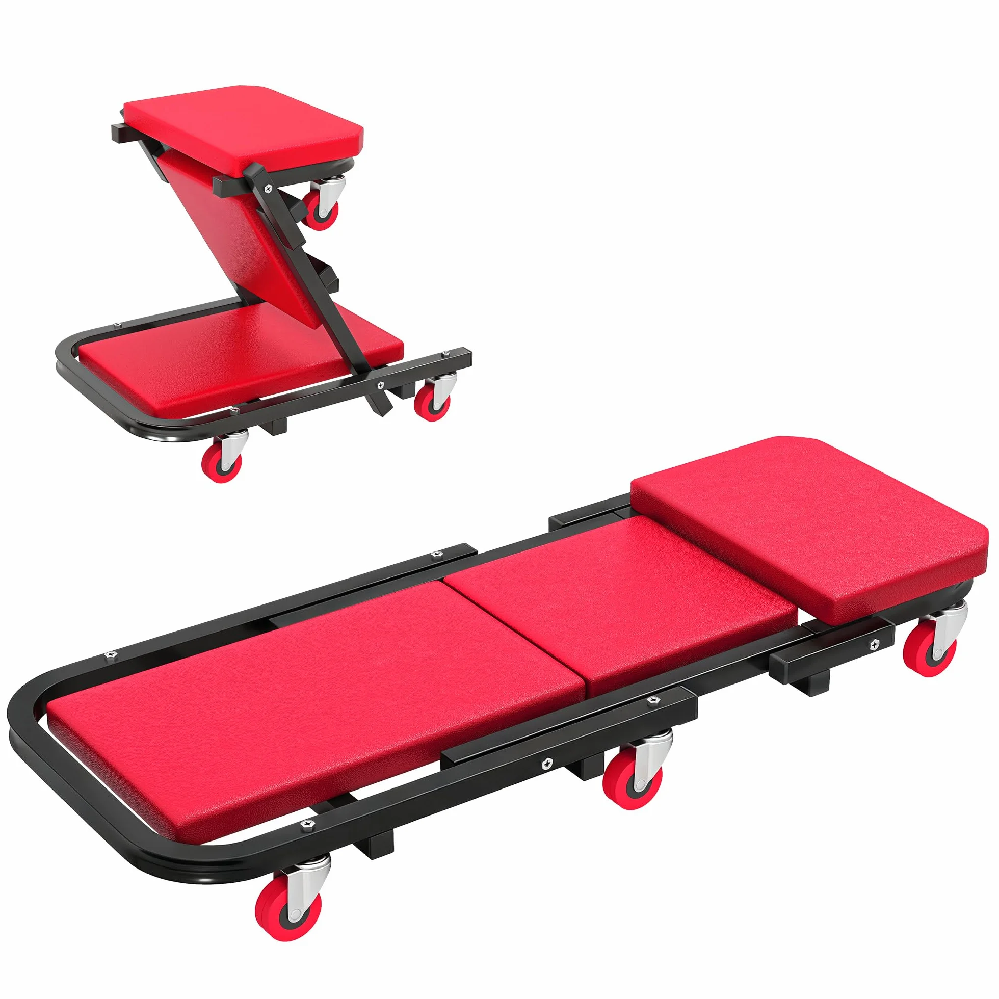 HOMCOM carrello di montaggio 2 in 1 Carrello di ispezione per meccanici pieghevole a Z 150 kg di carico, 6 ruote con rotazione a 360°, sgabello da officina con funzione di seduta e sdraiata, per