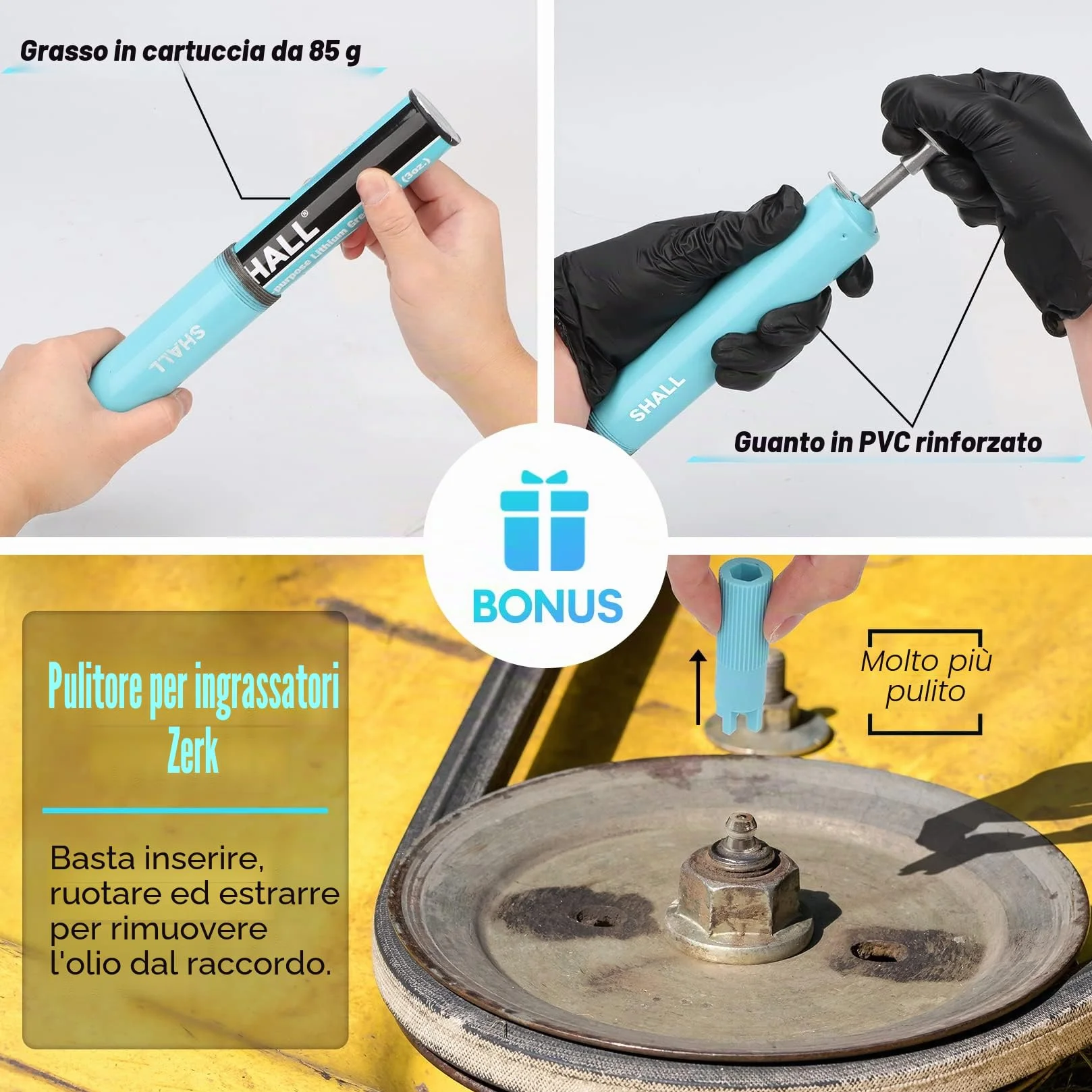 SHALL Mini pistola per grasso kit 3,52 OZ 3000 PSI ugello affilato adattatore estensione guanto PVC detergente raccordi Zerk