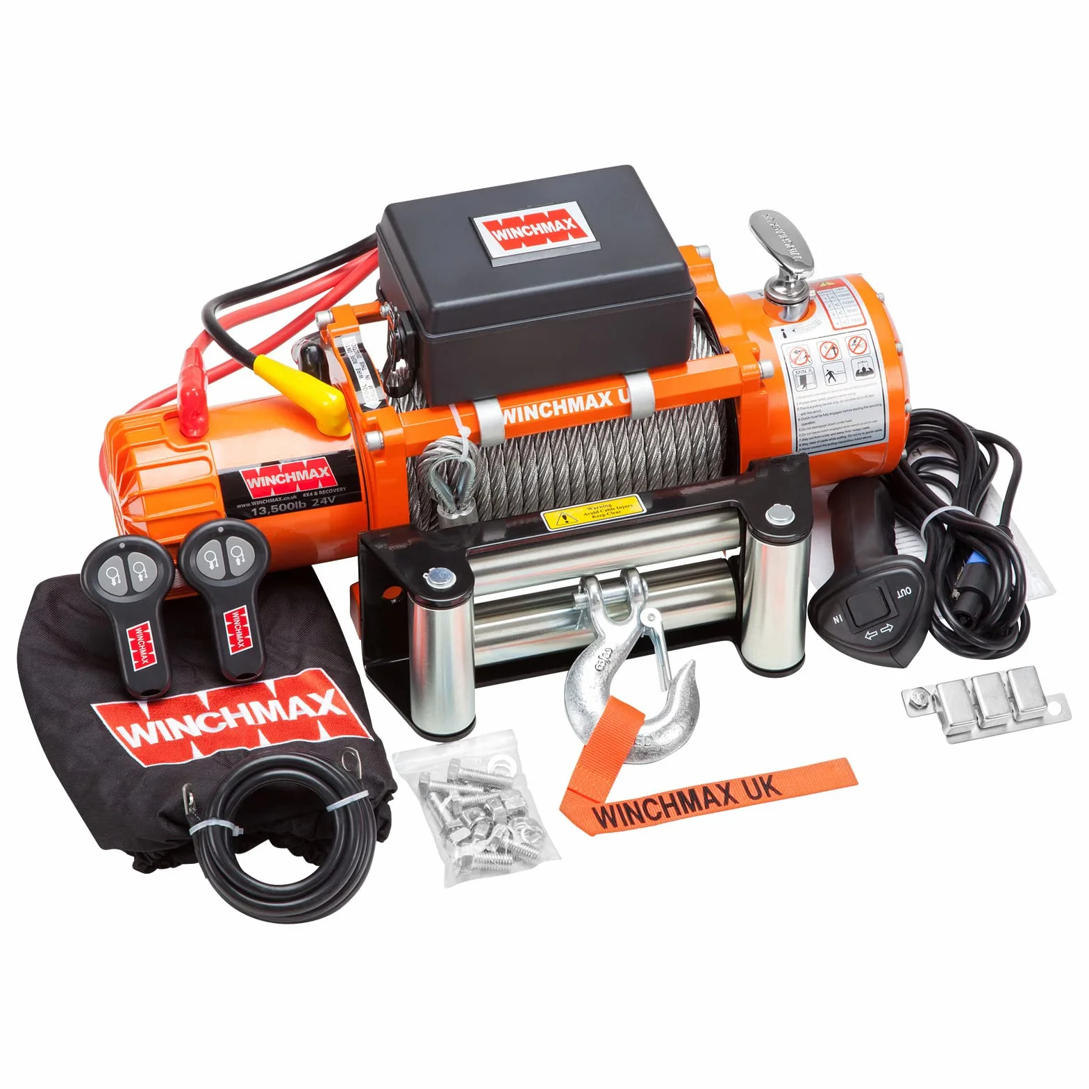 Winchmax 13500 lb 6123 kg Verricello Elettrico 24 V Arancione Fune Metallica 26 m x 9,5 mm Gancio a Forcella 3/8 Pollice 2 Ricevitori Telecomandi Senza Fili