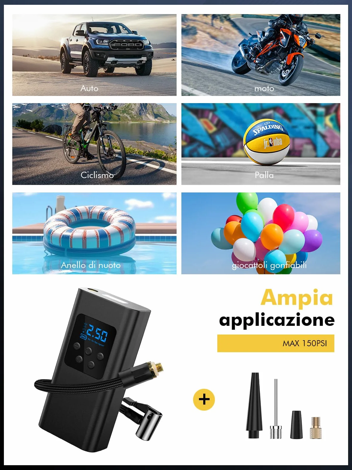 Compressore Aria Portatile 45L/min 6000mAh Batteria 4 Modalità Gonfiatore Elettrico LED