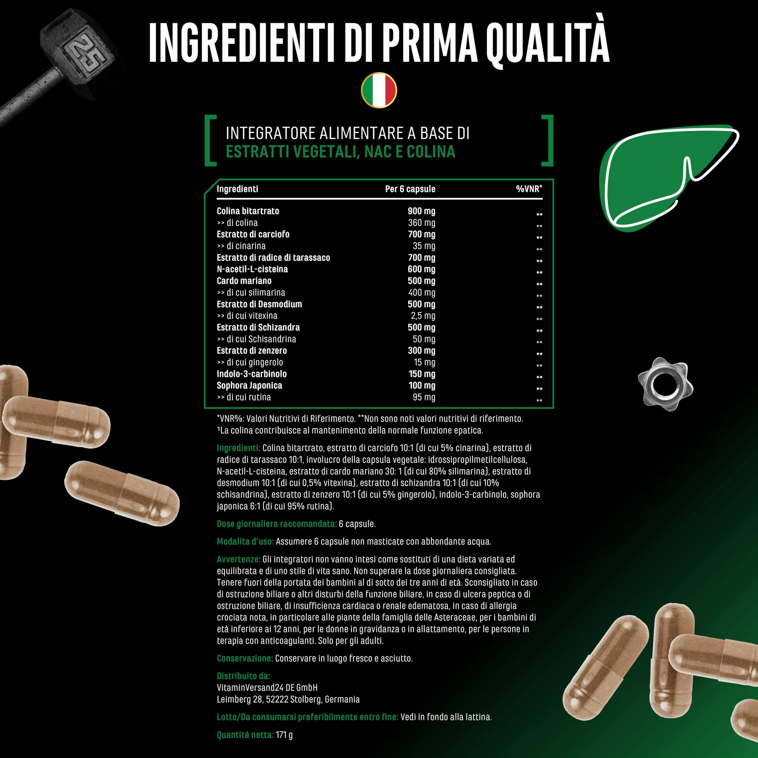 Complesso epatico Liver Essentials 180 capsule cardo mariano colina NAC carciofo tarassaco vegan