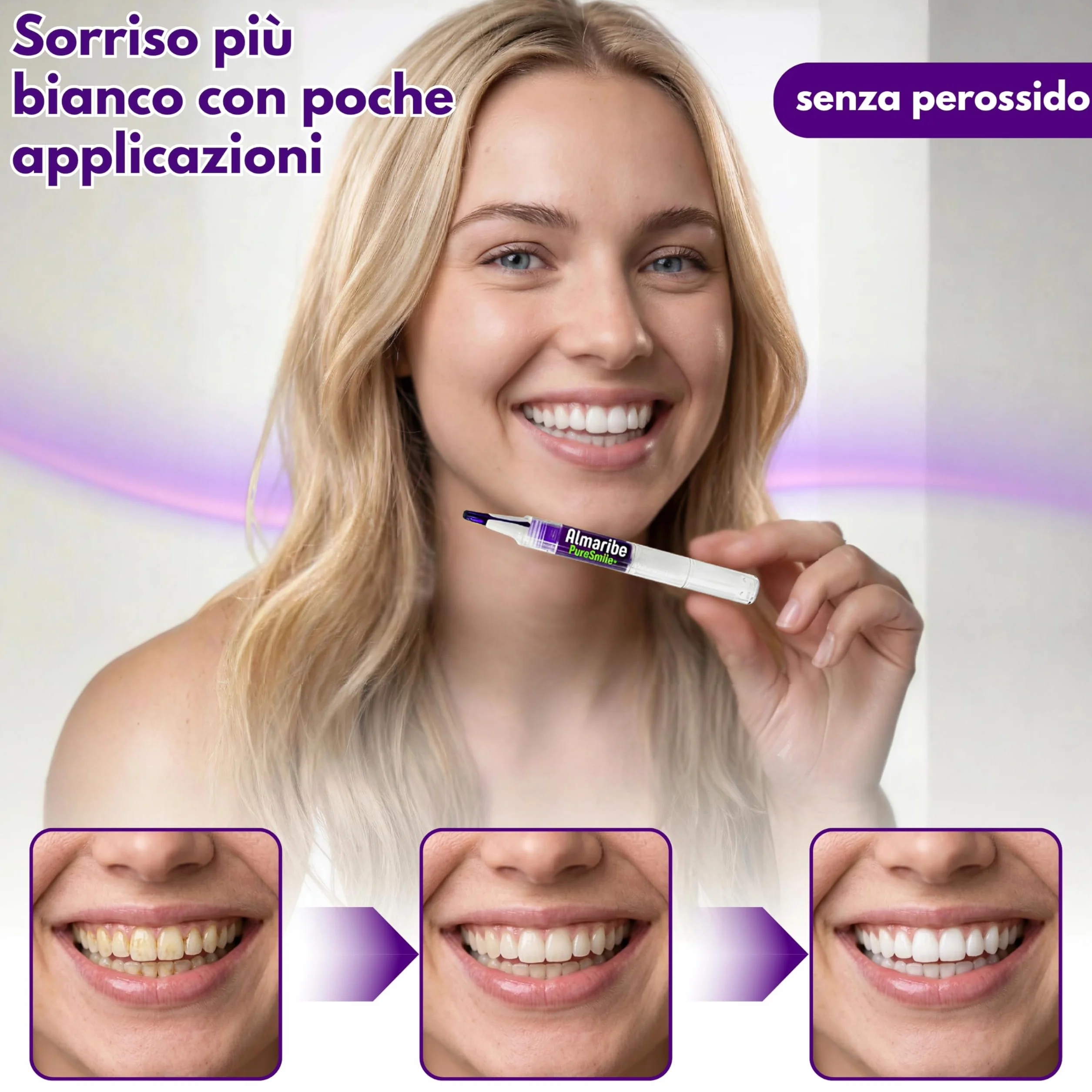 ALMARIBE PureSmile+ Sbiancante Denti Senza Perossido, Kit 3 Penne Gel 12 ml, Sbiancamento Denti professionale a Casa