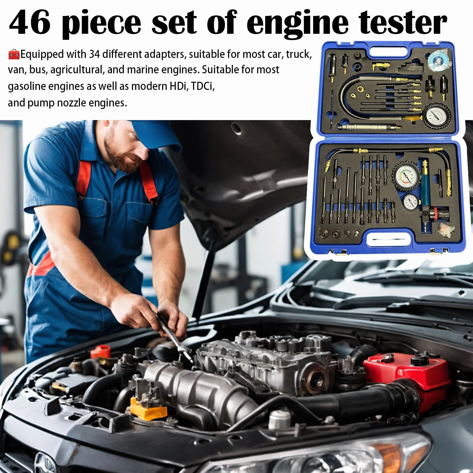 Tester Compressione, 46PCS Tester Compressione Diesel Benzina Perdita Pressione Compatibile Con Motori Diesel Benzina Auto Camion Autobus Motori Navi Agricole