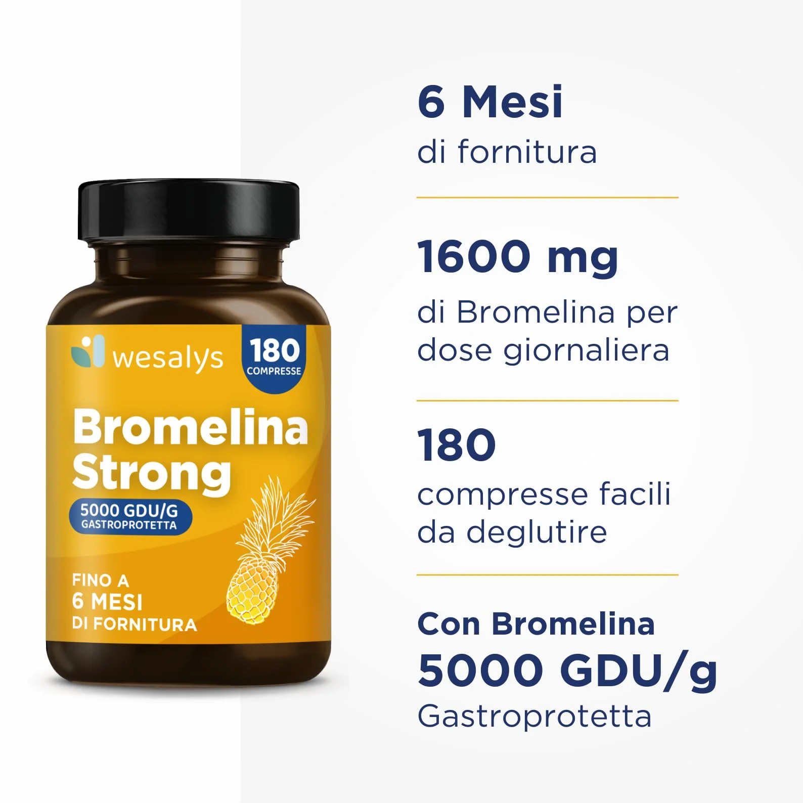 Bromelina Forte 5000 GDU/g Gastroprotetta 180 Compresse 1600mg Bromelina Pura Integratore Made in Italy