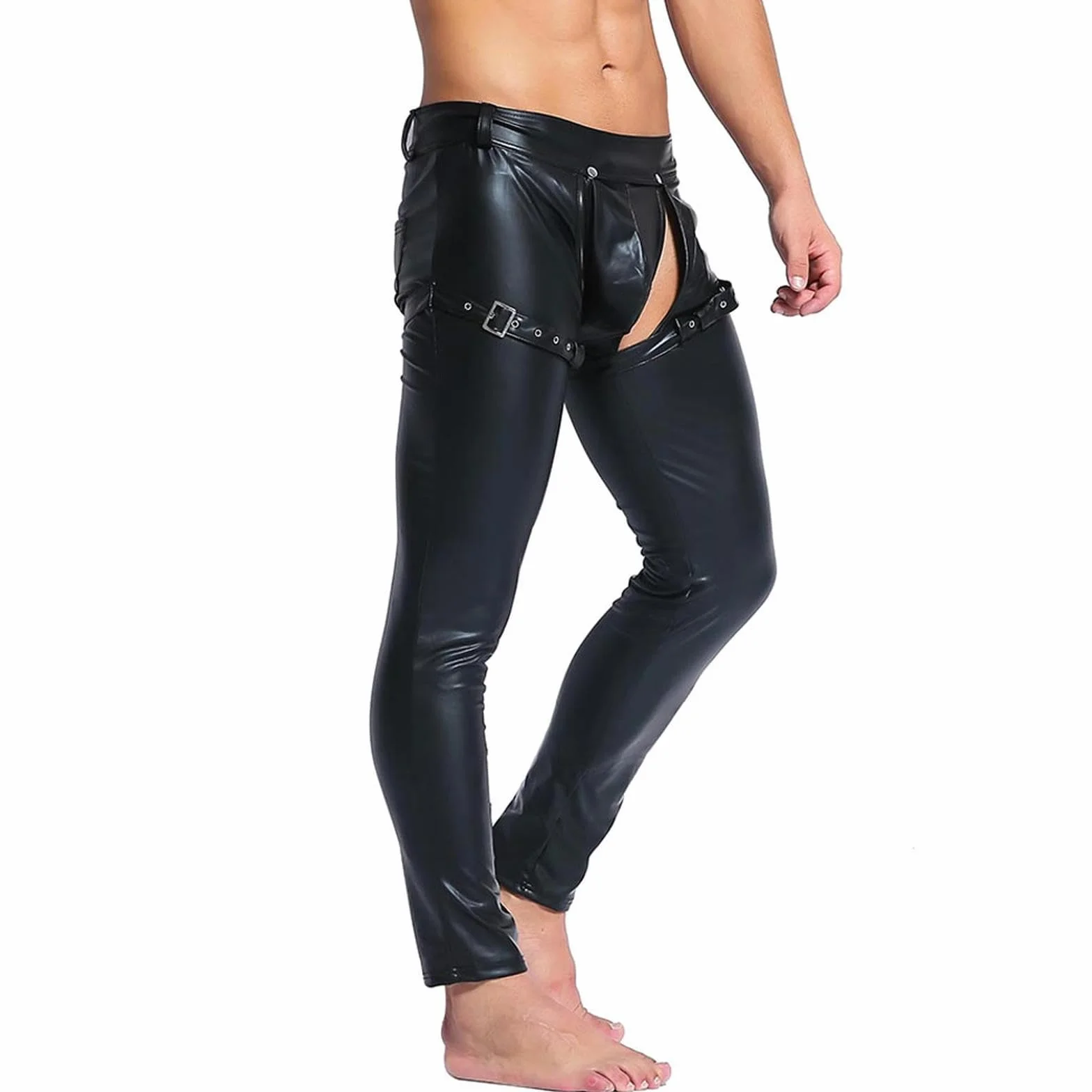 VOIV Pantaloni in Pelle Sintetica da Uomo Nero Aperto sul Davanti Discoteca Clubwear