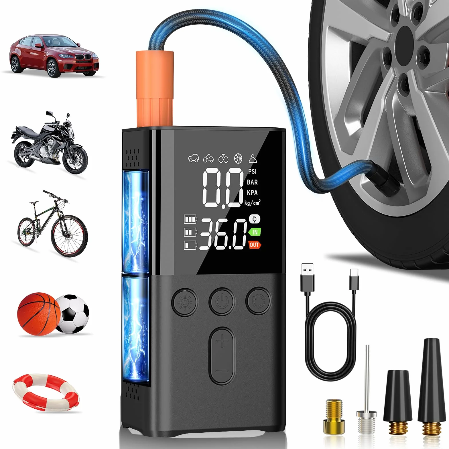 Compressore Aria Portatile 150PSI 4 modalità Auto Bici Moto