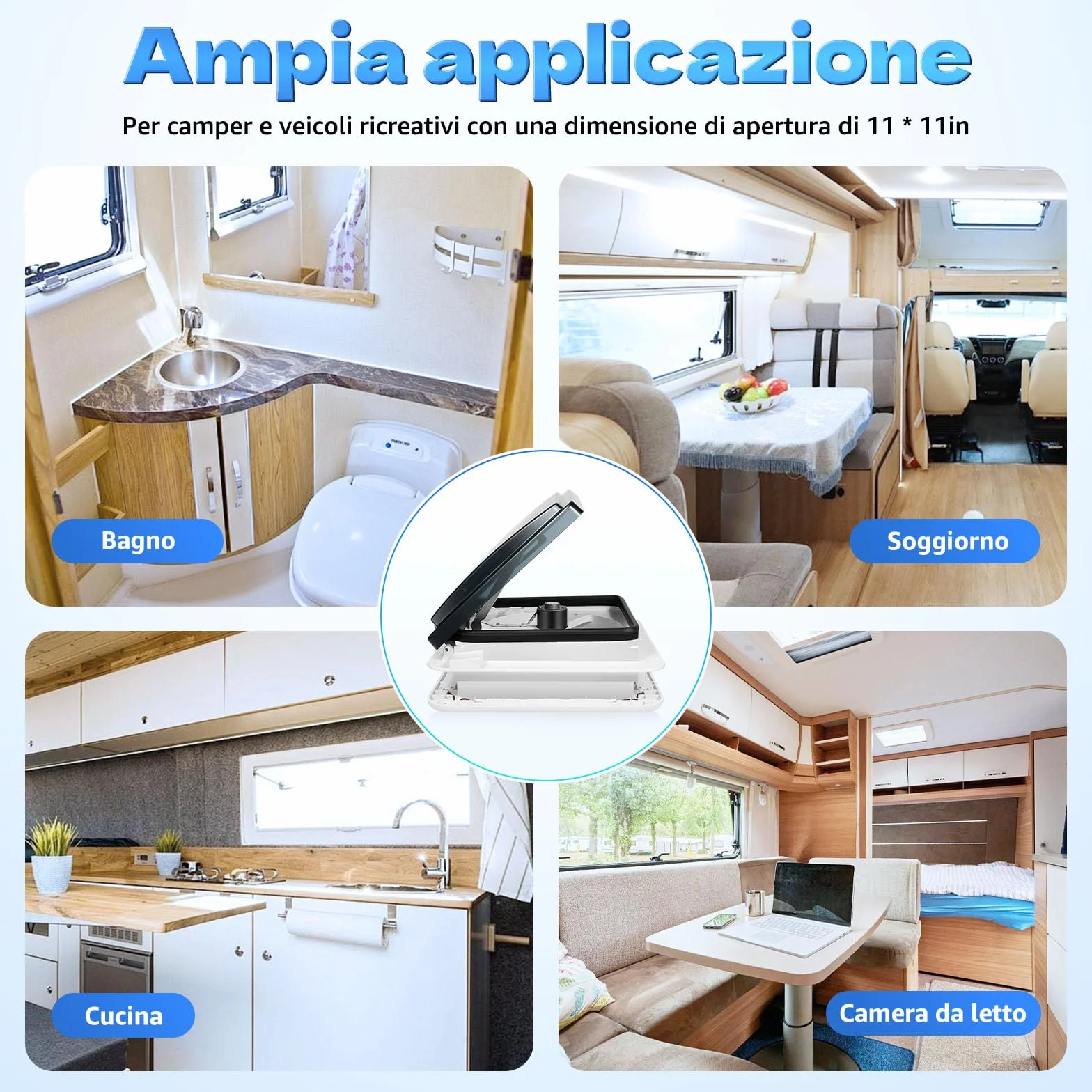 Finestra da tetto per camper 28x28 cm ventilazione insonorizzata ventola estrazione aria manuale LED 30W 12V
