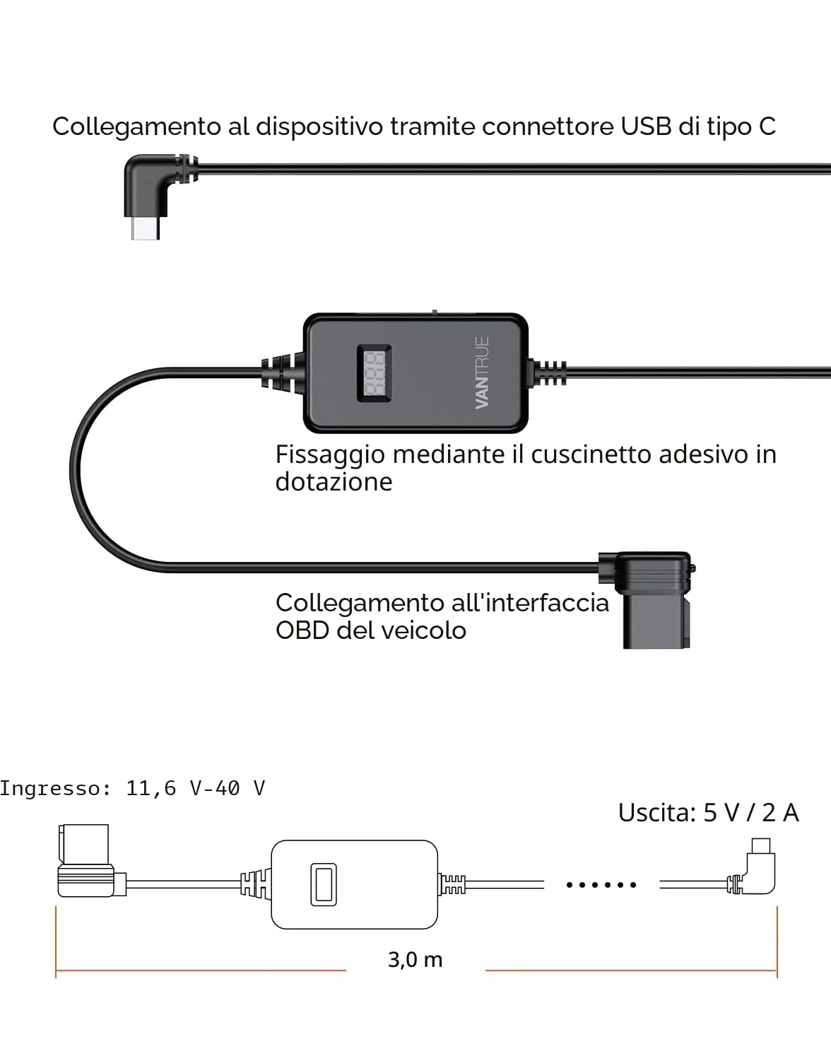 Vantrue VP04 Display USB C OBD 3 livelli protezione bassa tensione 11,6-24,4 V monitoraggio parcheggio 3 m