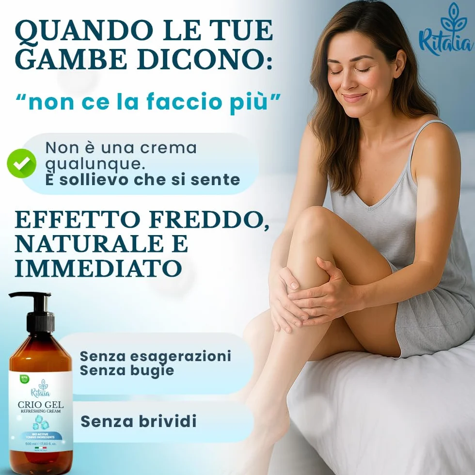 Ritalia Crema Gambe Gonfie Criogel Effetto Freddo 500 ml, per Gambe Pesanti, Circolazione e Microcircolo, Assorbimento Rapido