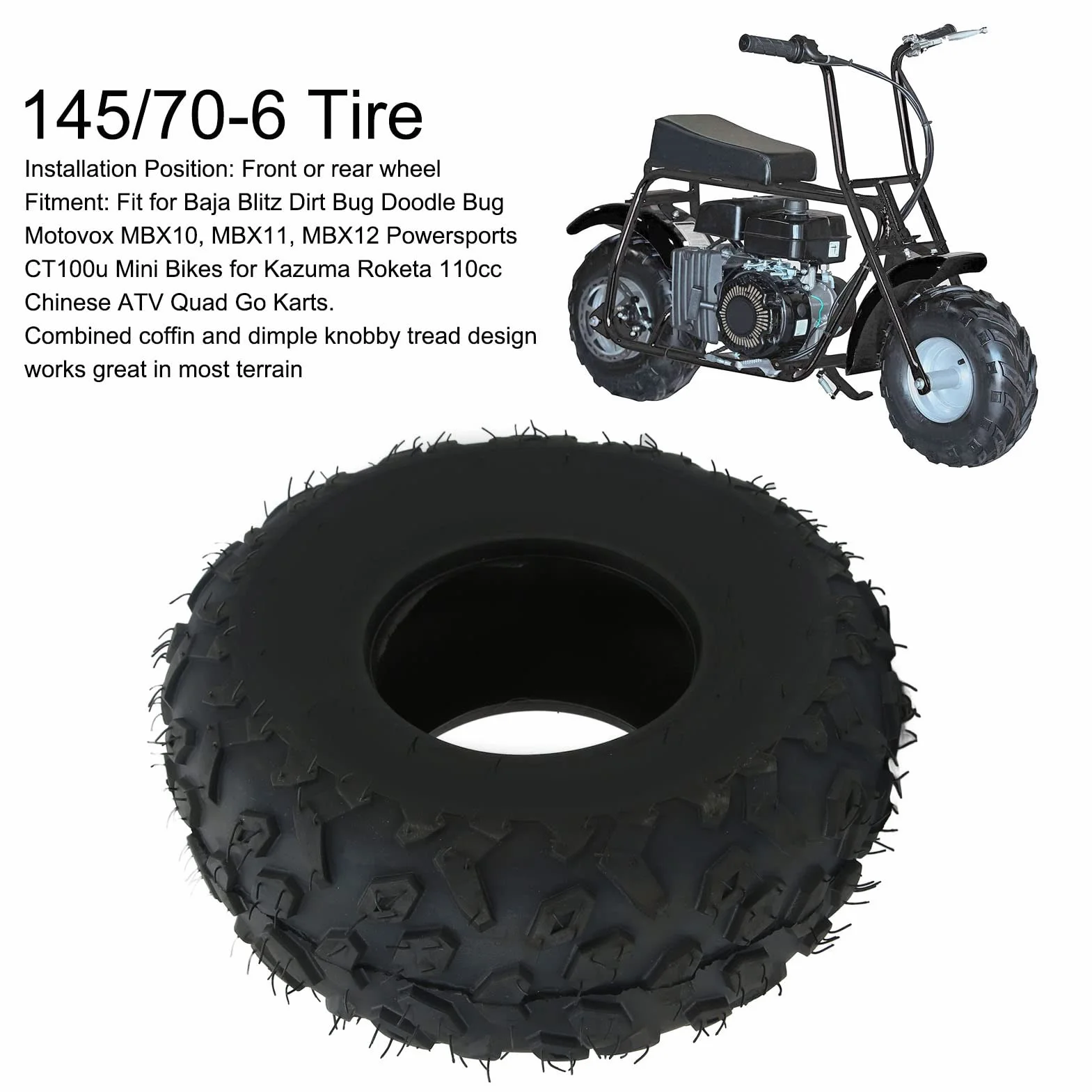 Pneumatico senza camera d'aria 145/70 6, battistrada in gomma tassellato a grande attrito Pneumatico senza camera d'aria ATV 24PSI anteriore posteriore per quad go kart