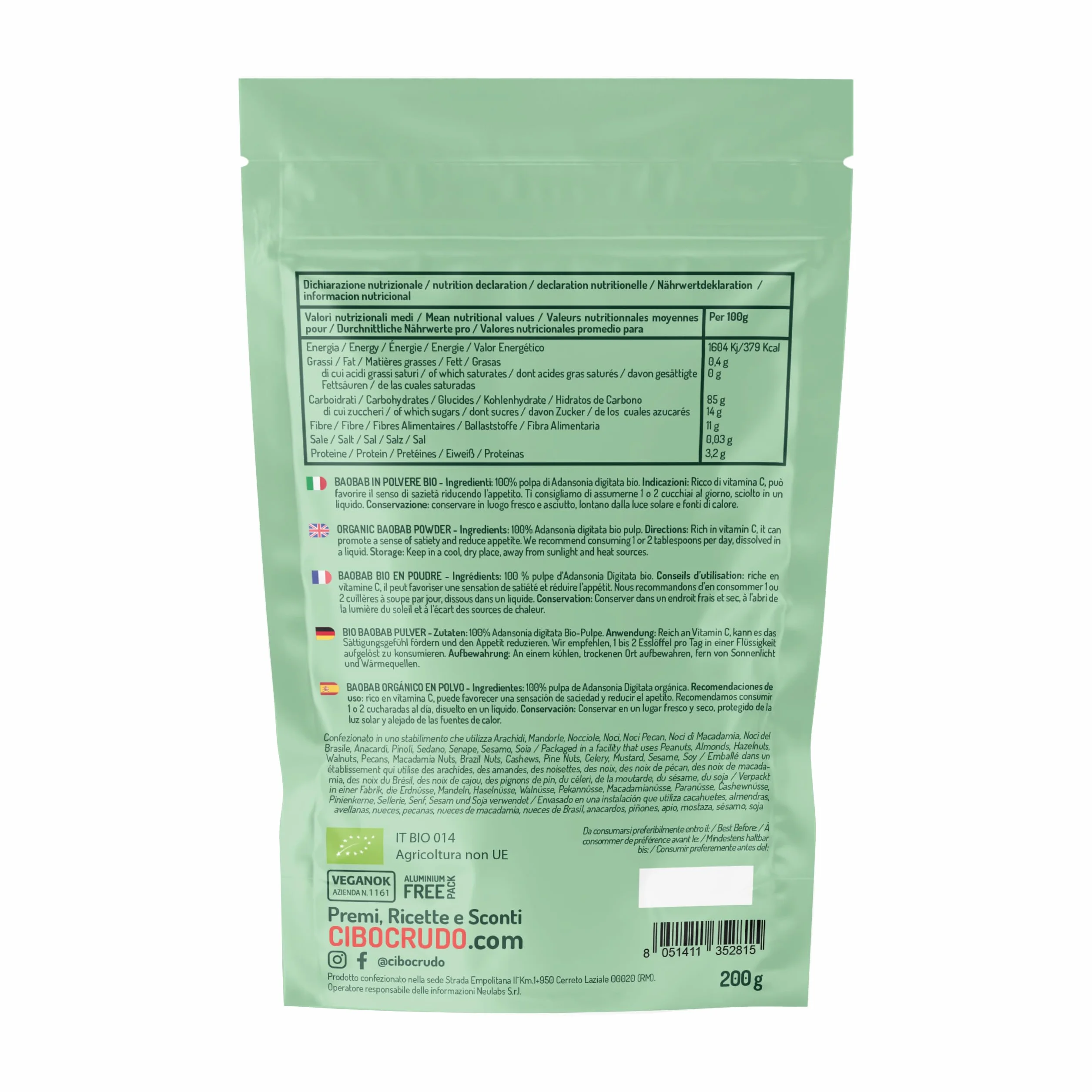 Cibocrudo Baobab In Polvere Bio Crudo, Baobab Fruit Powder Raw Organic 200 g