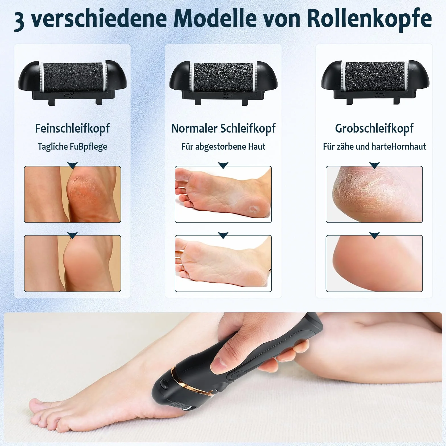 Pedicure elettrico professionale con 3 testine abrasive sostituibili, 3 velocità, rimuovi calli e talloni screpolati, nero