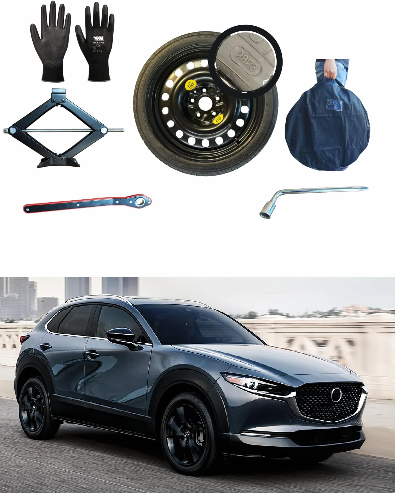 Kit Ruotino di Scorta 18" compatibile Mazda CX-30 con Cric, Chiave, Guanti e Sacca