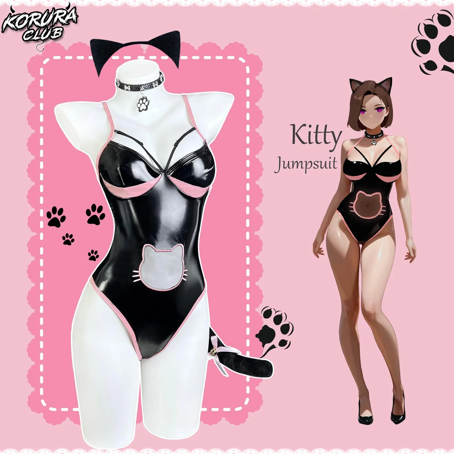 KORURACLUB Body Sexy per Gatti Cosplay Donne Halloween Lingerie Nero L