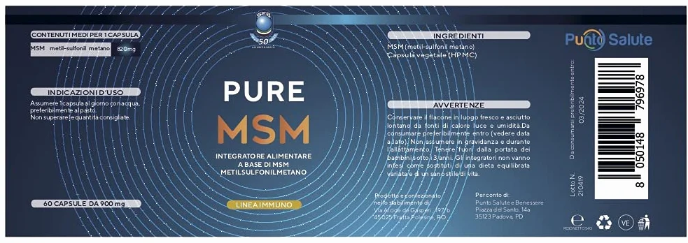SEB Pure MSM Integratore alimentare Metilsulfnilmetano 60 capsule 900mg