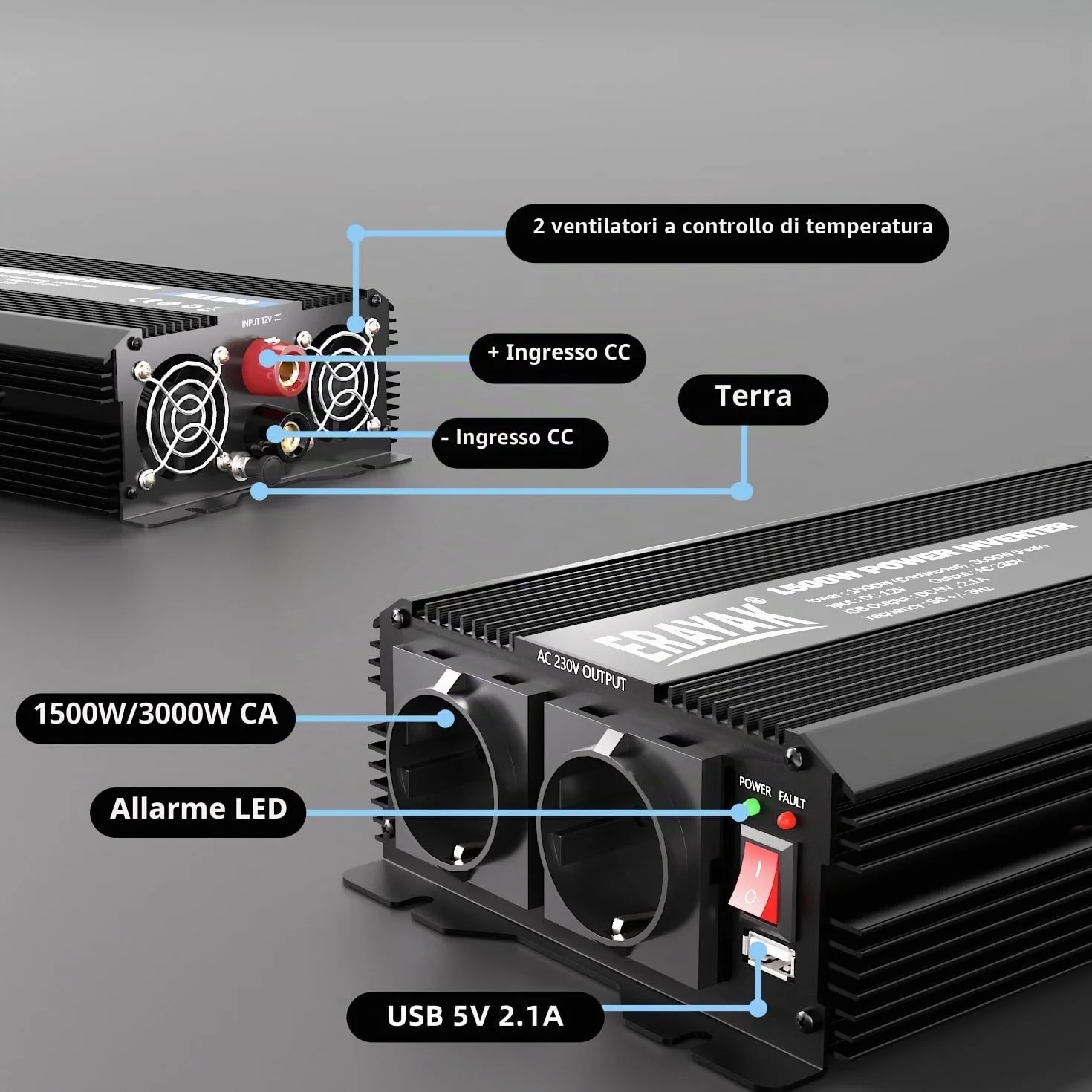 Erayak Inverter Onda Modificata 1500W 3000W 12V 220V 230V Fotovoltaico DC AC per Camper Auto Convertitore di Potenza