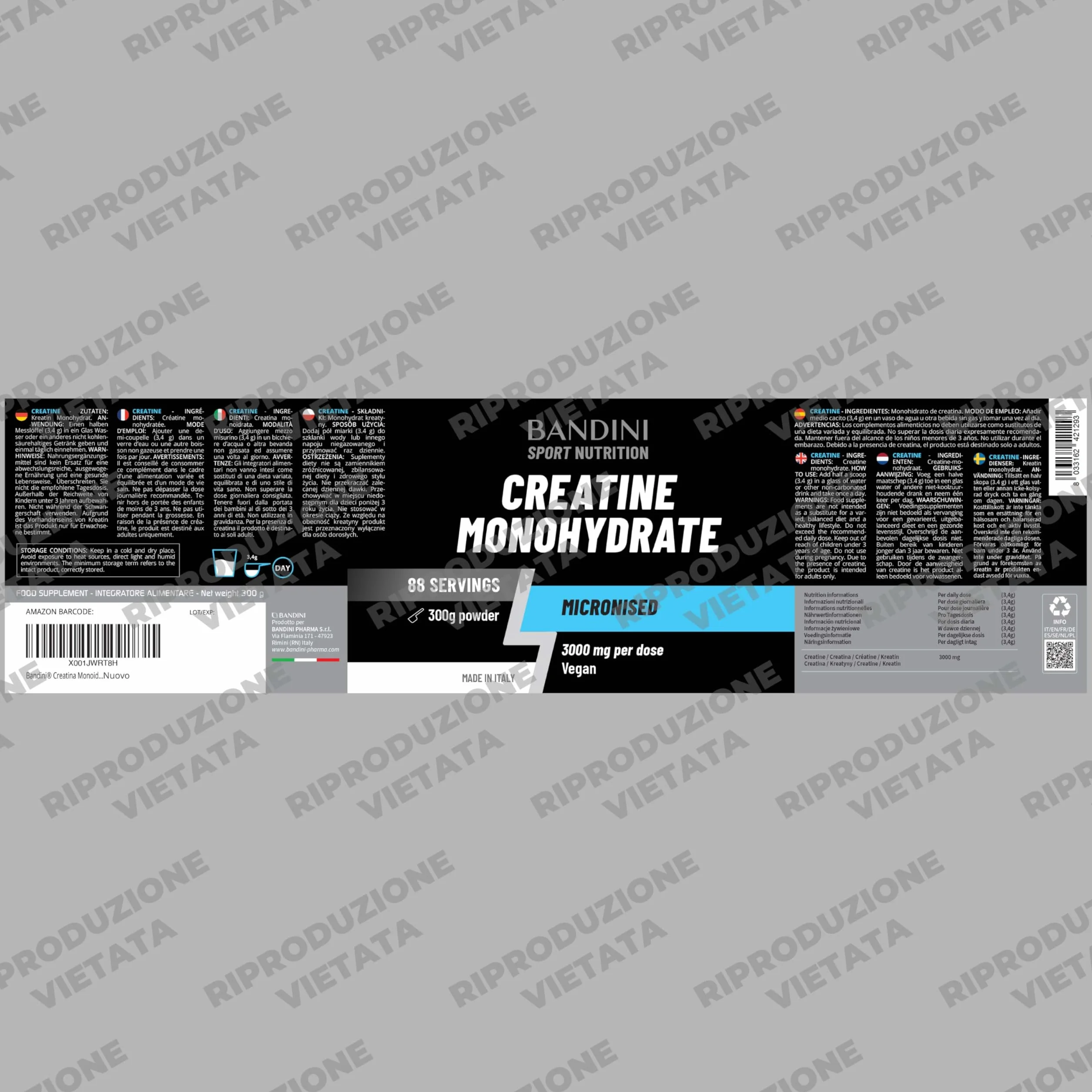 Bandini Creatina Monoidrata in Polvere Pura 100% - Integratore per Allenamento e Sport - Vegan con Dosatore