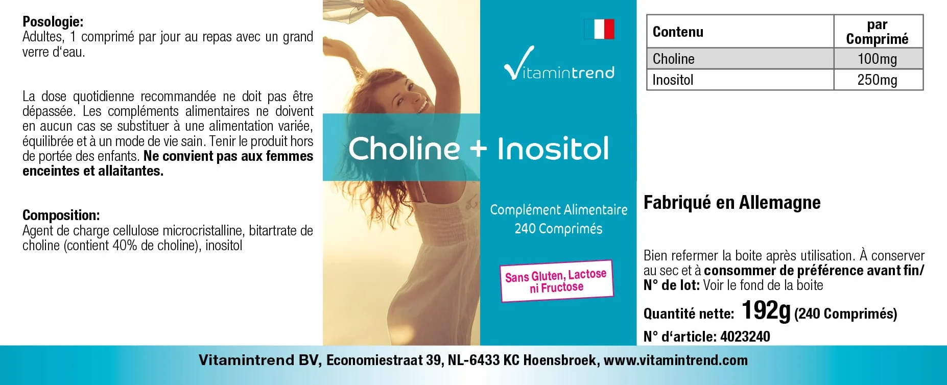 Vitamintrend Colina 100 mg + Inositolo 250 mg, 240 compresse integratore alimentare vegano