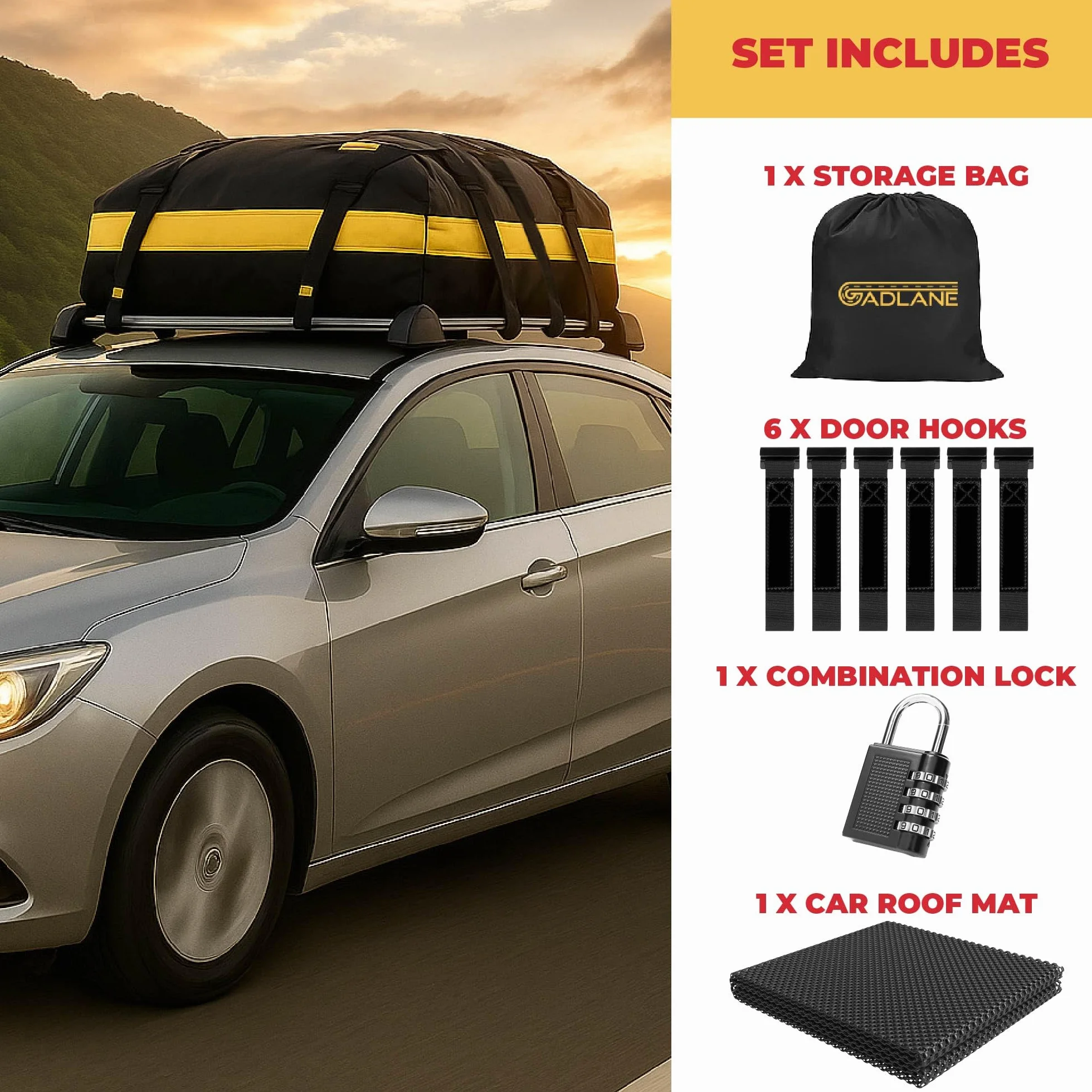 GADLANE Borsa da Tetto per Auto - 552L Box da Tetto Impermeabile per Auto con/senza Portapacchi, con Tappetino Antiscivolo, 6 Cinghie Robuste, Lucchetto a Combinazione, Borsa Portaoggetti (Gialla)