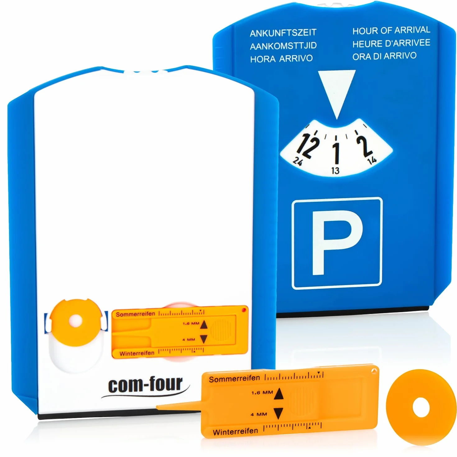 com-four® 2X Disco di Parcheggio con Raschia-Ghiaccio, Labbro di Gomma, Chip Carrello Spesa e Misuratore Battistrada - Parchimetro in Plastica (02 Pezzi)