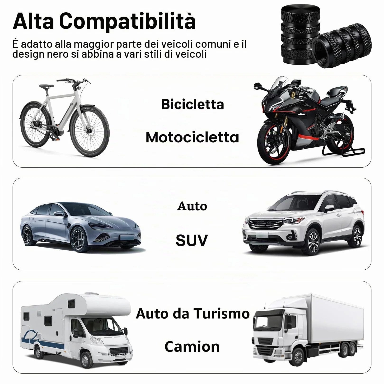 Tappini Gomme Auto Neri, Tappi Valvole Pneumatici per Auto Moto Biciclette Camion - 10 Pezzi
