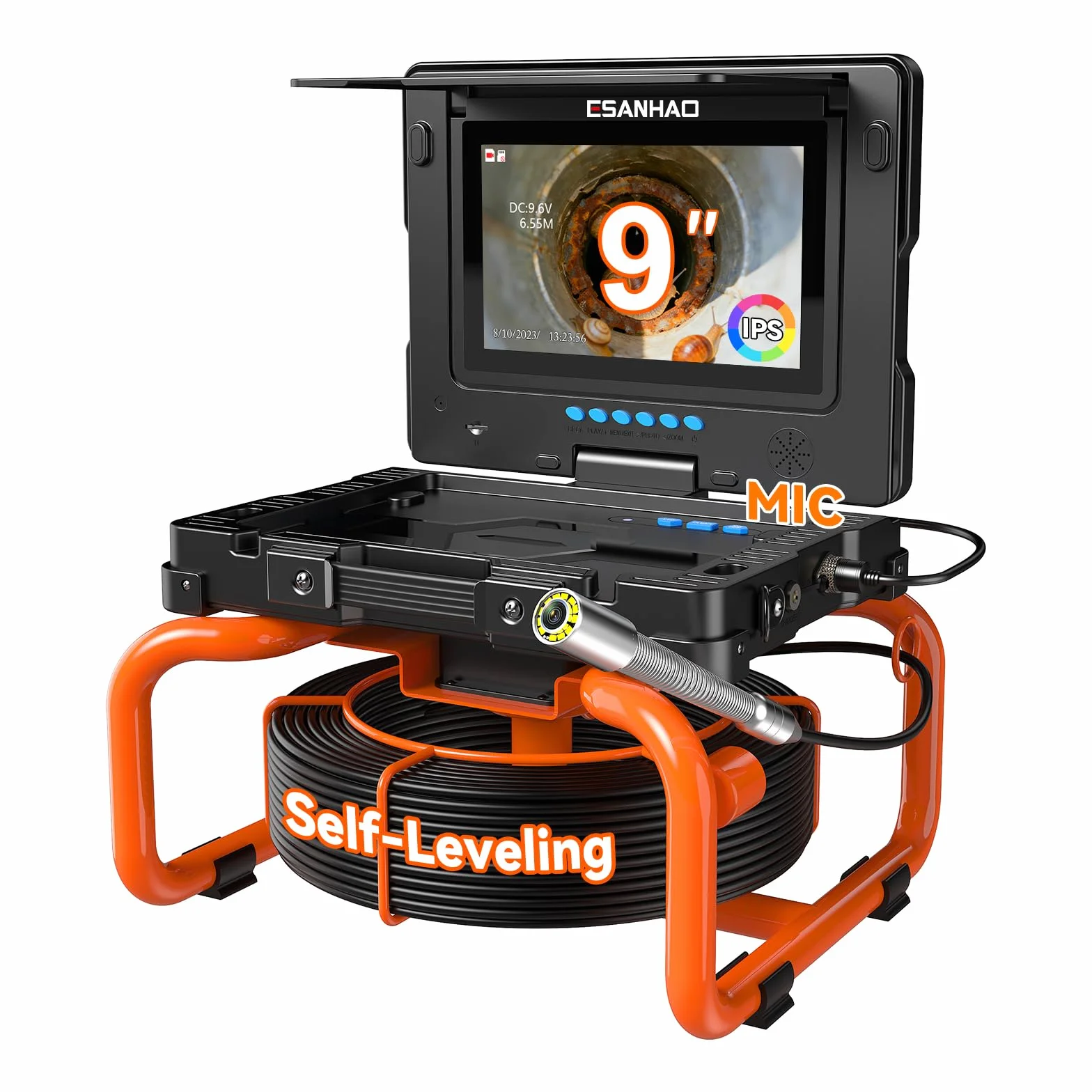 Telecamera Ispezione Tubazioni 9'' HD 1080P Endoscopio con Schermo IPS, Autolivellante, Contatore Distanza, 32 GB