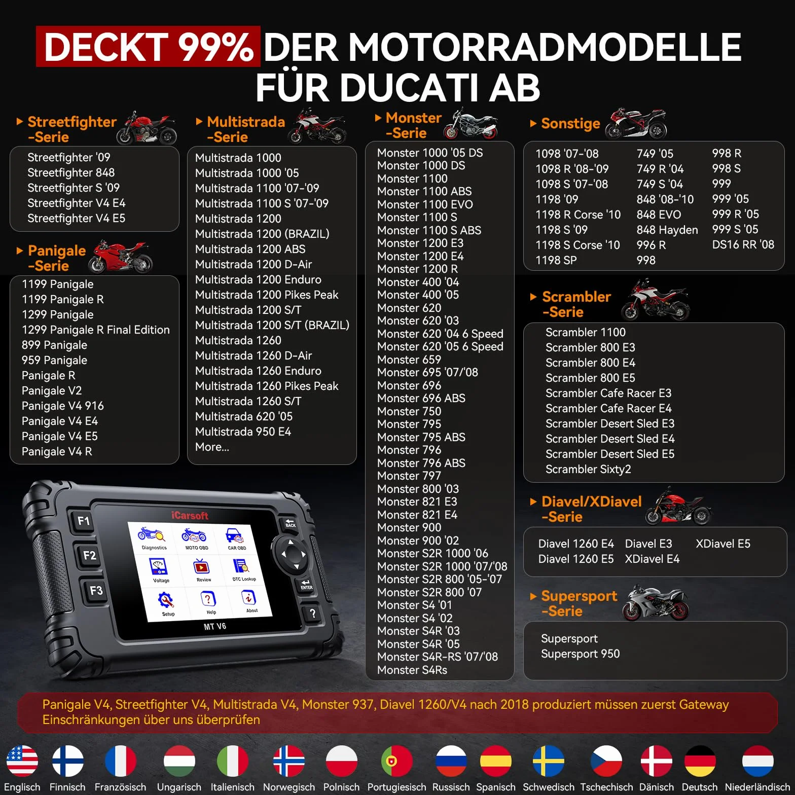 iCarsoft MT V6 Strumento di Diagnosi per Moto Ducati, Scanner OBD2 Completo, 153 Servizi Manutenzione, 112 Test Attuatori, Test Batteria