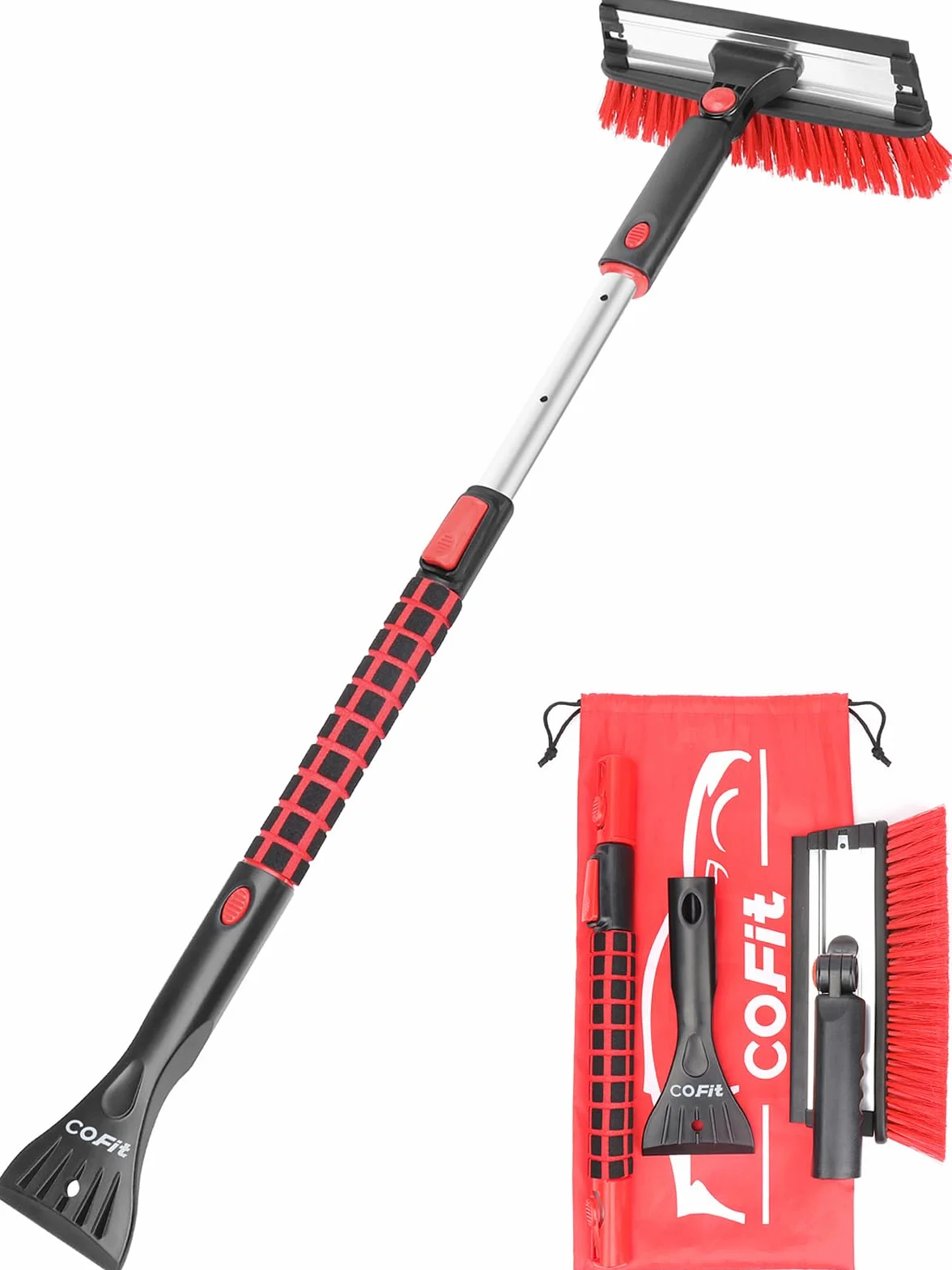 COFIT Raschietto e Spazzola Neve 3 in 1 100cm Gratta Ghiaccio Auto Manico Lungo Estensibile Rosso