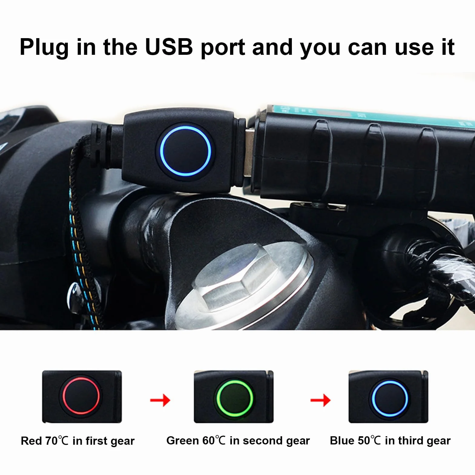 Copri Manubrio Riscaldante USB 5V per Moto e Scooter – Riscaldatore Manubrio con 3 Livelli di Temperatura (50°C/60°C/70°C), Rivestimento in Fibra Aramidica Antiscivolo, IP67 Impermeabile