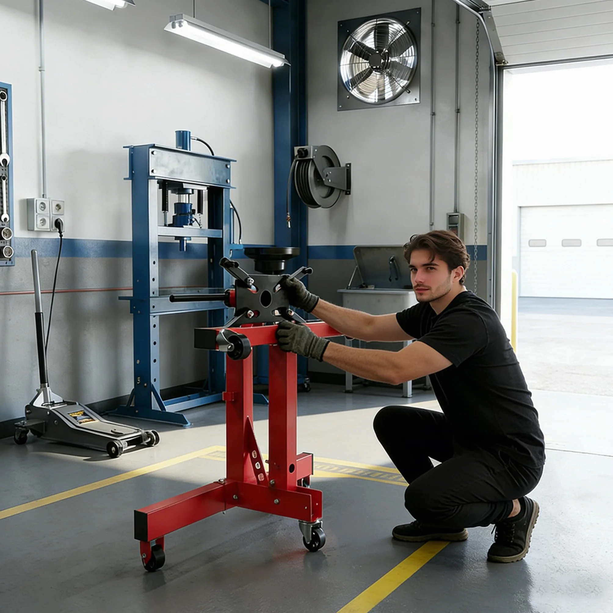 Supporto motore per auto pieghevole 680 kg 360° 4 bracci regolabili 5 ruote impugnatura antiscivolo