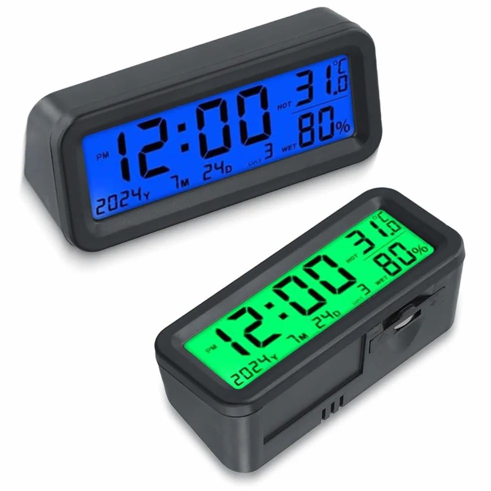 Mini Orologio Digitale da Auto Solare Cruscotto 8x3x3.5 cm Display LCD Temperatura