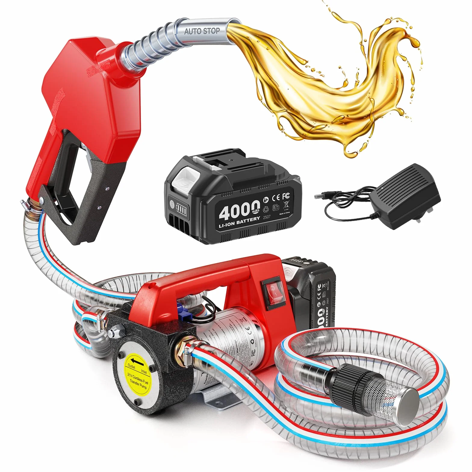 Taskstar Pompa Travaso Gasolio a Batteria 45L/min 21V Set con Batteria 4,0Ah Portatile